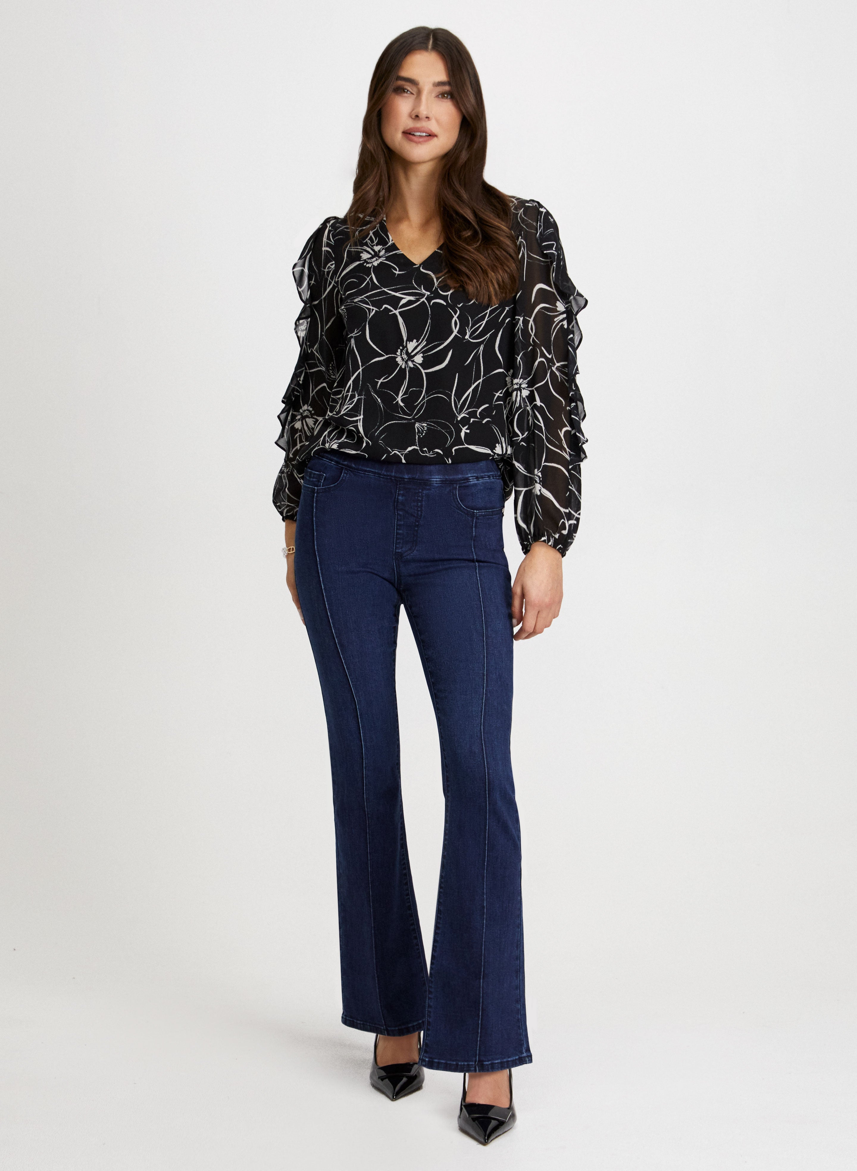Floral Ruffle Sleeve Blouse & Pull On Bootcut Jeans Set for Women - Elegant Spring Outfit for Office, Date Night & Casual Wear