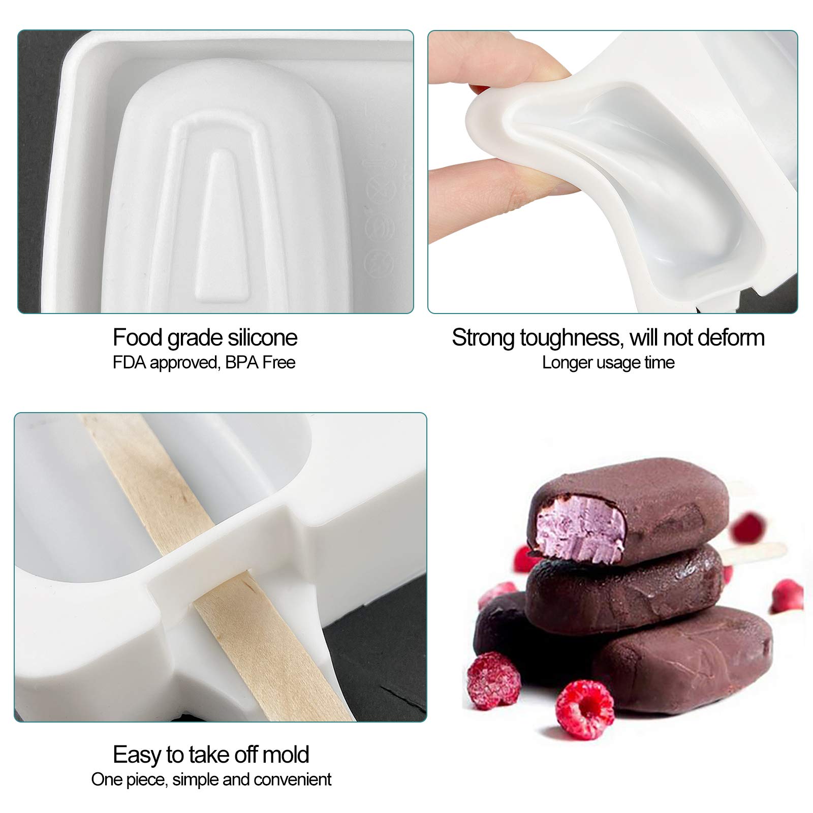 2 Pack Reusable Food Grade Silicone Popsicle Molds - Large 3D Ice Cream, Candy, Cakesicle & Chocolate Molds for Baking DIY Frozen Treats with 100 Wooden Sticks | Perfect for Summer Desserts, Kids Snacks & Party Favors