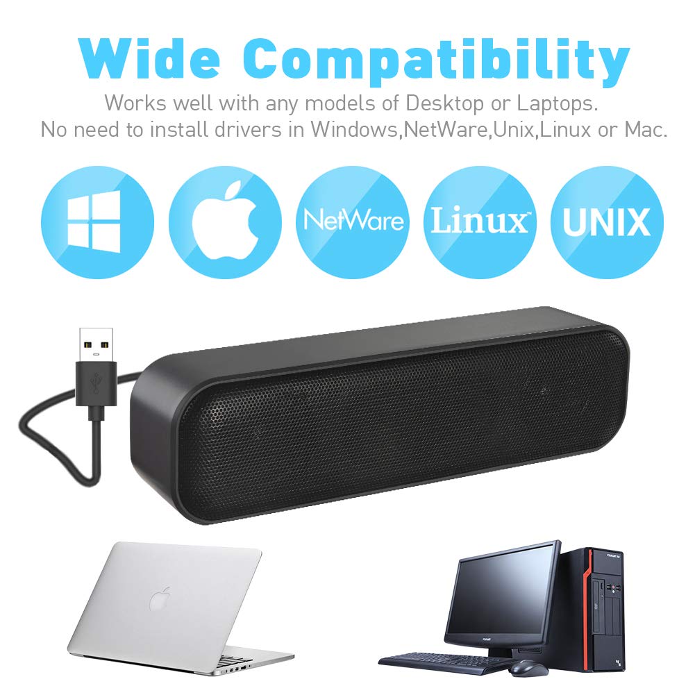 ZETIY USB Computer Speaker - Mini Soundbar for PC & Mac, Plug & Play for Home/Office