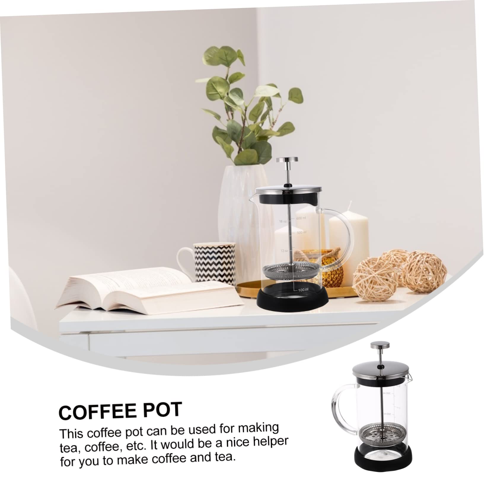 Mikinona 600ml Thick Glass Coffee Maker & Tea Pot with Scale - Manual French Press for Home Brewing, Camping & Office Use