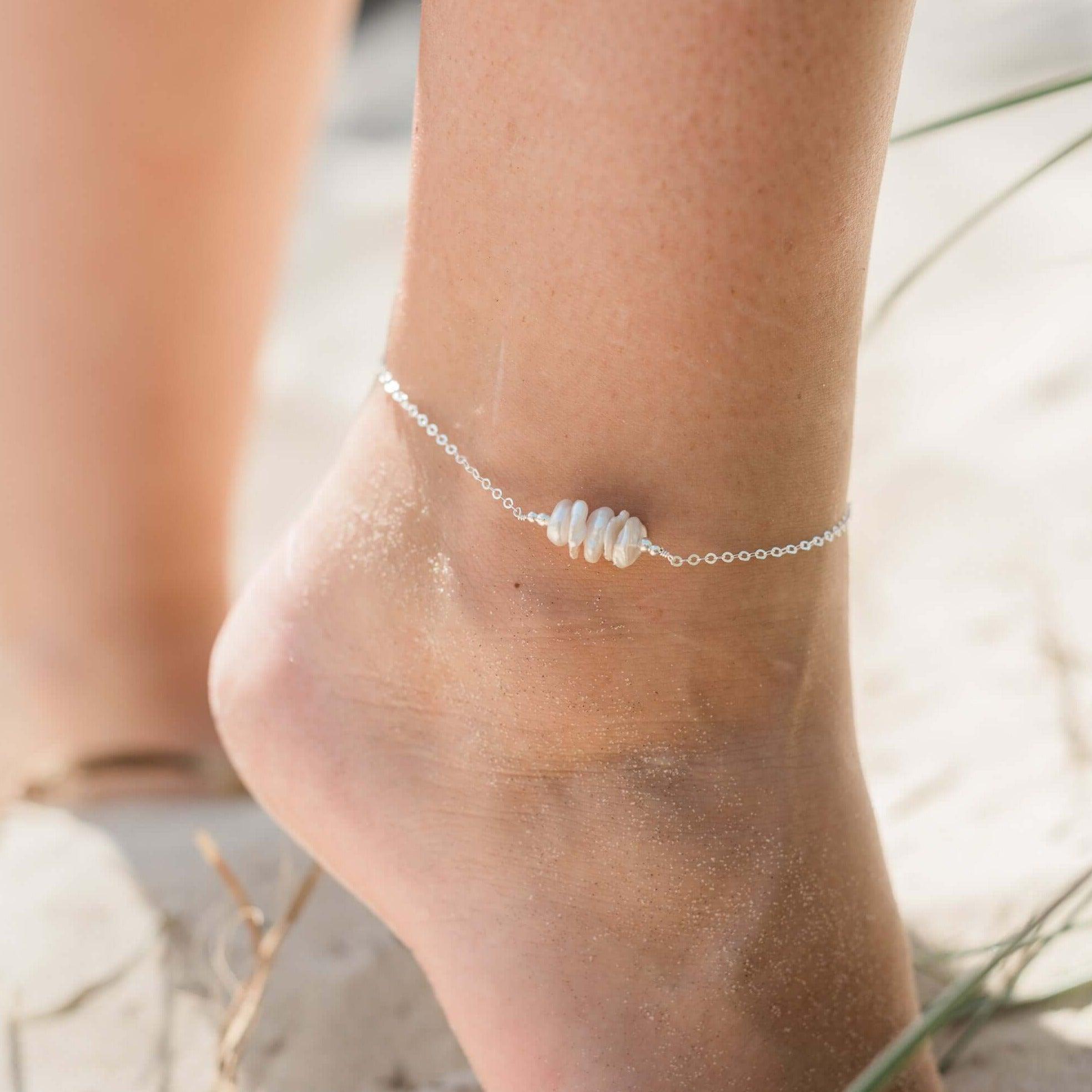 Elegant White Freshwater Pearl Chip Bead Bar Anklet – Dainty Adjustable Ankle Bracelet for Women, Boho Beach Wedding Jewelry Gift
