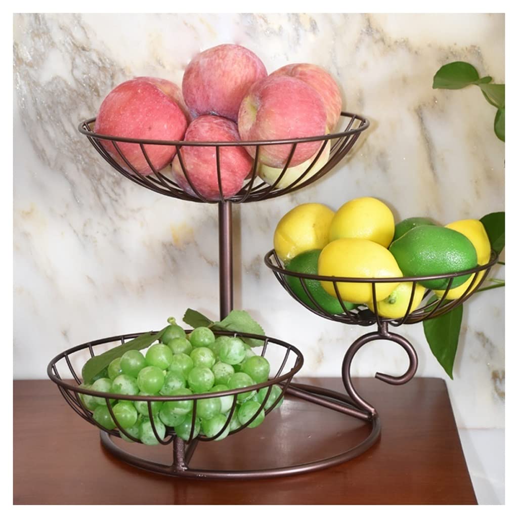 3-Tier Metal Wire Fruit Basket - Standing Organizer for Fruits, Vegetables, Bread & Snacks | Rustic Brown Home Decor | Perfect for Kitchen Counter, Dining Table & Pantry Storage