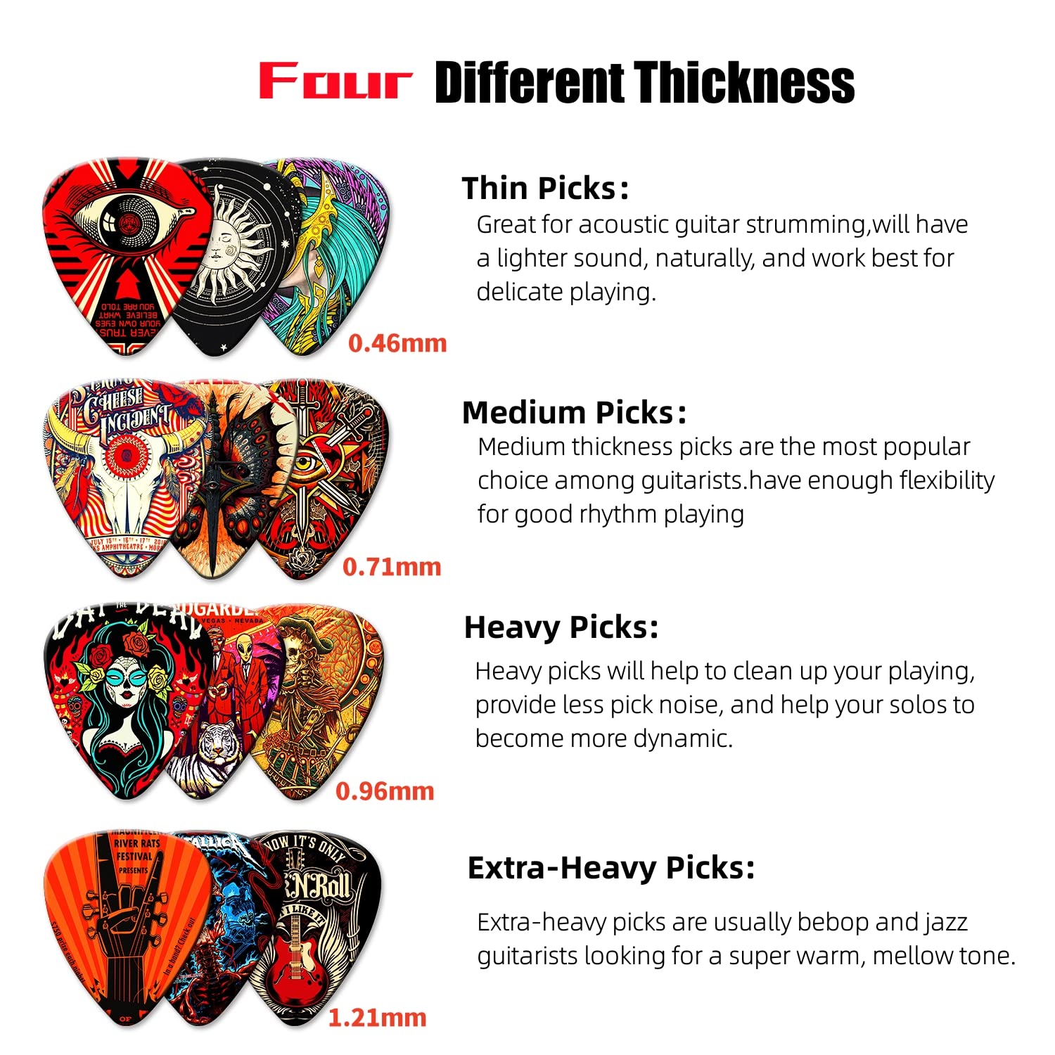 24 Pack Guitar Picks Variety Set - Thin, Medium, Heavy & Extra Heavy Celluloid Picks with Tin Box for Acoustic, Electric & Bass Guitar - Perfect Gift for Musicians & Music Lovers - Ideal for Practice, Recording & Live Performances