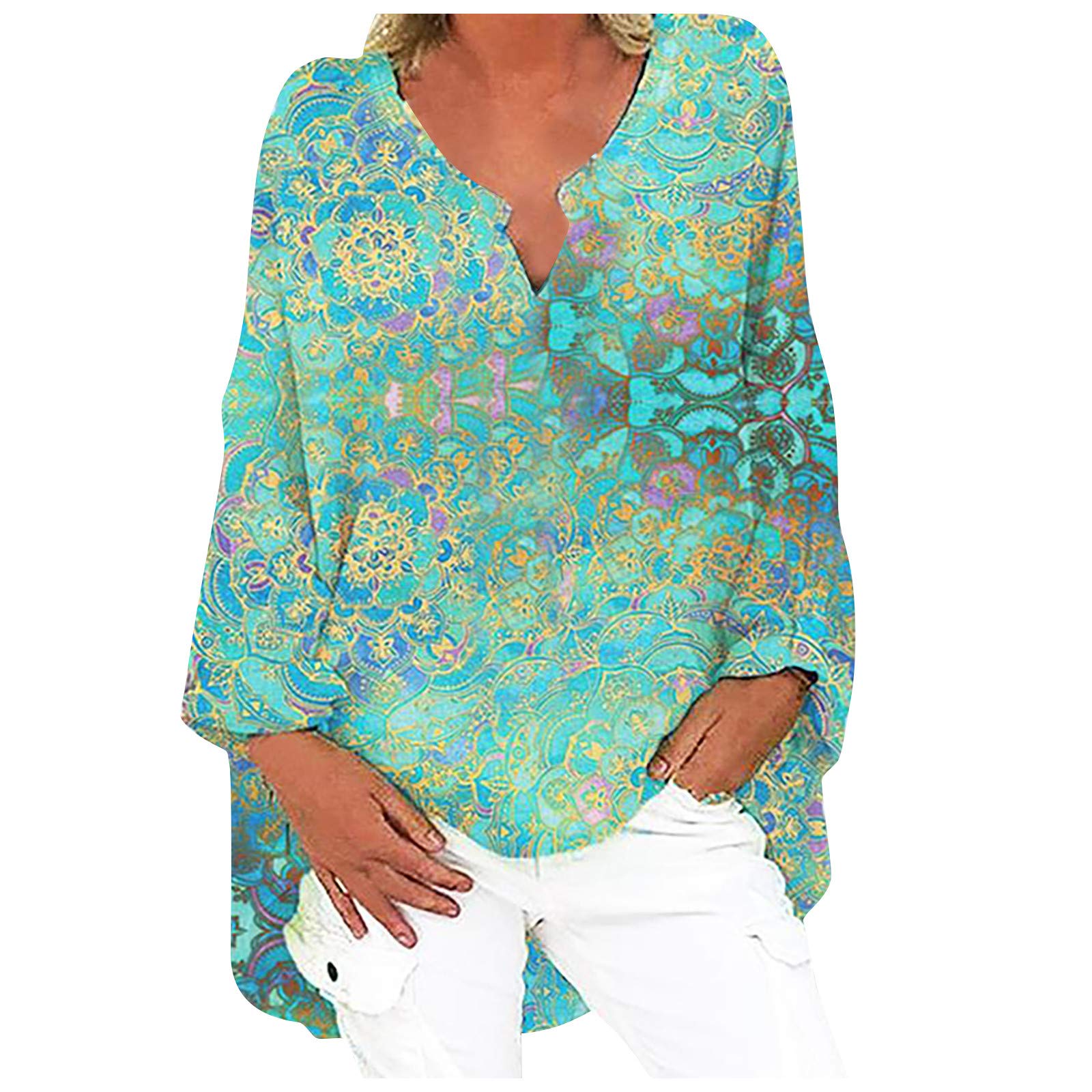 Plus Size Women's Long-Sleeve V-Neck Printed Cotton Linen Blouse - Summer Tunic Top in Green (XL) | Casual Wear, Office Outfit & Vacation Style