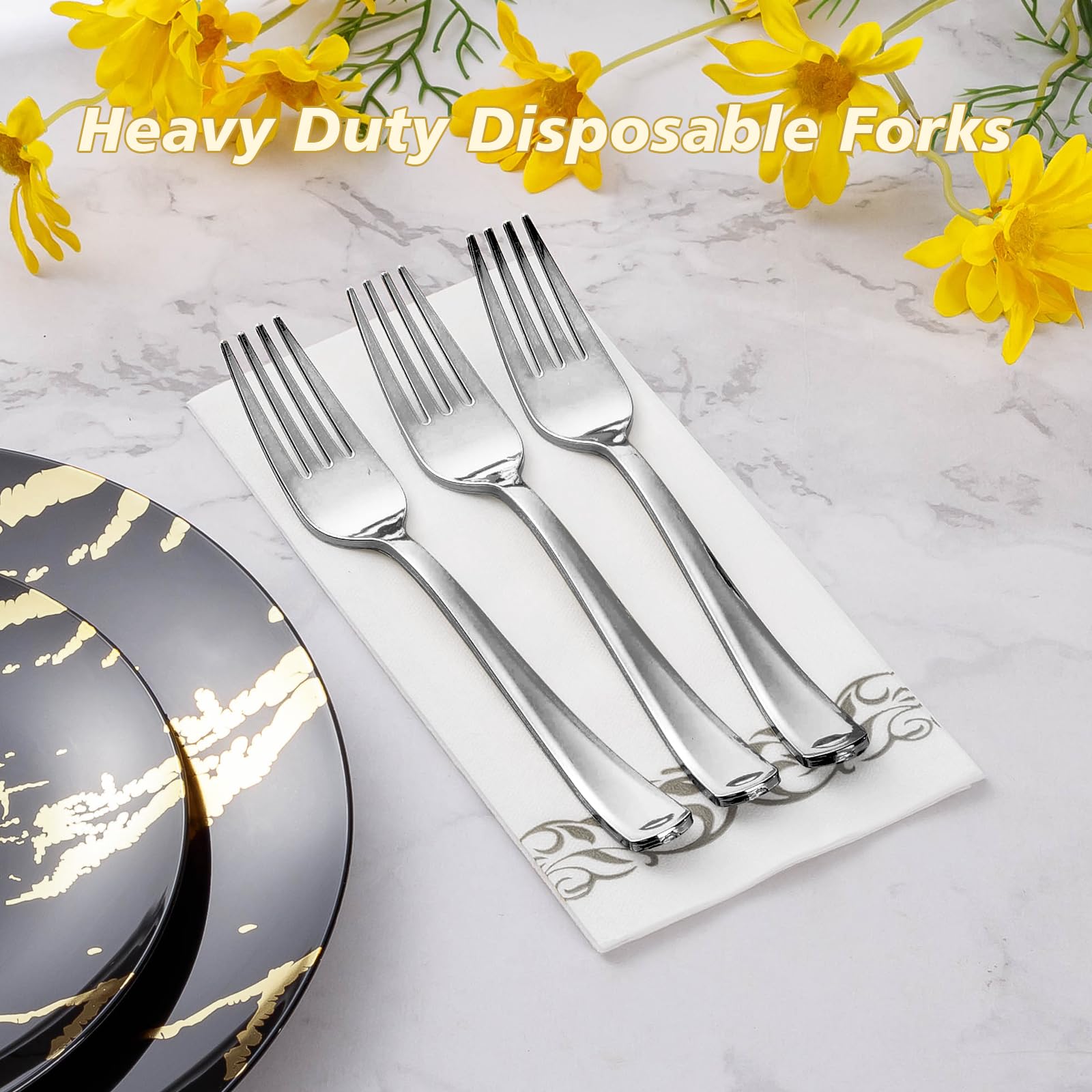 50-Pack Heavy Duty Silver Plastic Forks - Disposable Cutlery for Weddings, Parties, Dinners & Events | Durable Elegant Flatware for Catering, BBQs, Picnics & Home Use