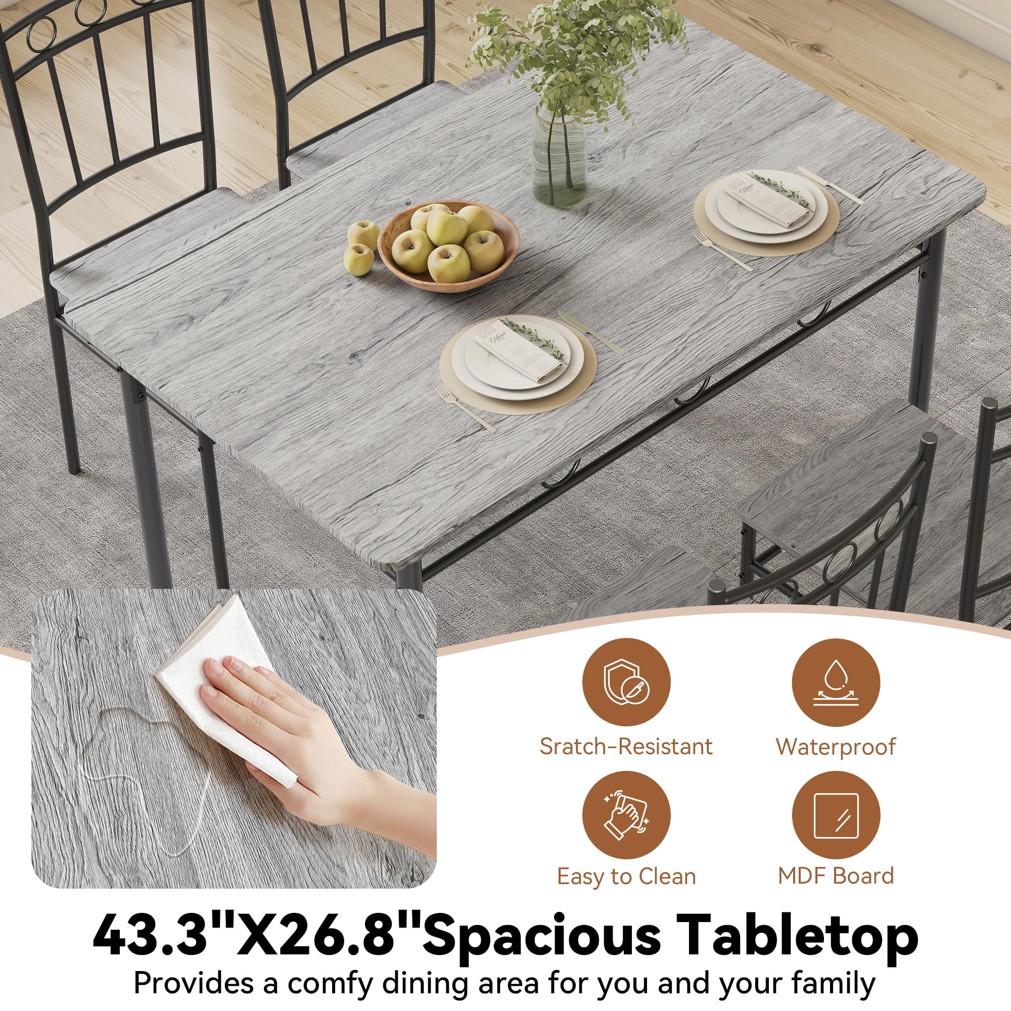 5-Piece Retro Grey Dining Table Set for 4 - Space-Saving Rectangular Kitchen Table with 4 Chairs - Perfect for Small Spaces, Apartments & Dinettes | Ideal for Family Meals, Dinner Parties & Cozy Breakfasts