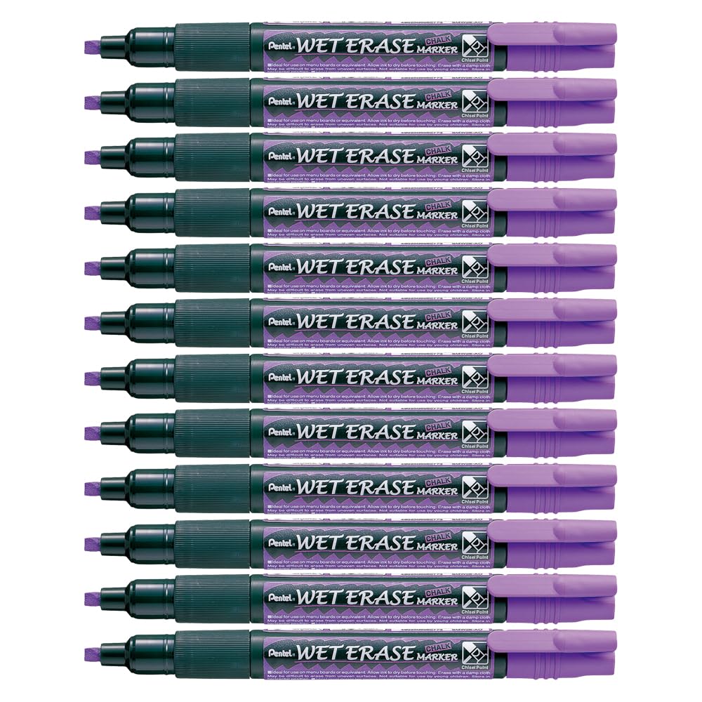 Pentel Wet Erase Chalk Markers - 12 Pack Violet Medium Tip Markers for Whiteboards, Glass, Windows & Non-Porous Surfaces - Ideal for Teachers, Restaurants & Retail Signage
