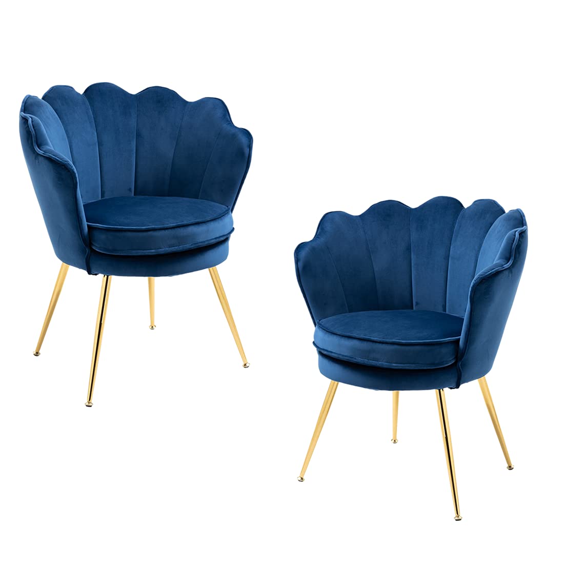 Modern Velvet Accent Chairs Set of 2 - Shell Shaped Upholstered Armchairs with Golden Metal Legs for Bedroom, Living Room & Dining Room - Comfy Vanity Makeup Desk Chair (Dark Blue) | Perfect for Home Office, Guest Seating & Boudoir Decor