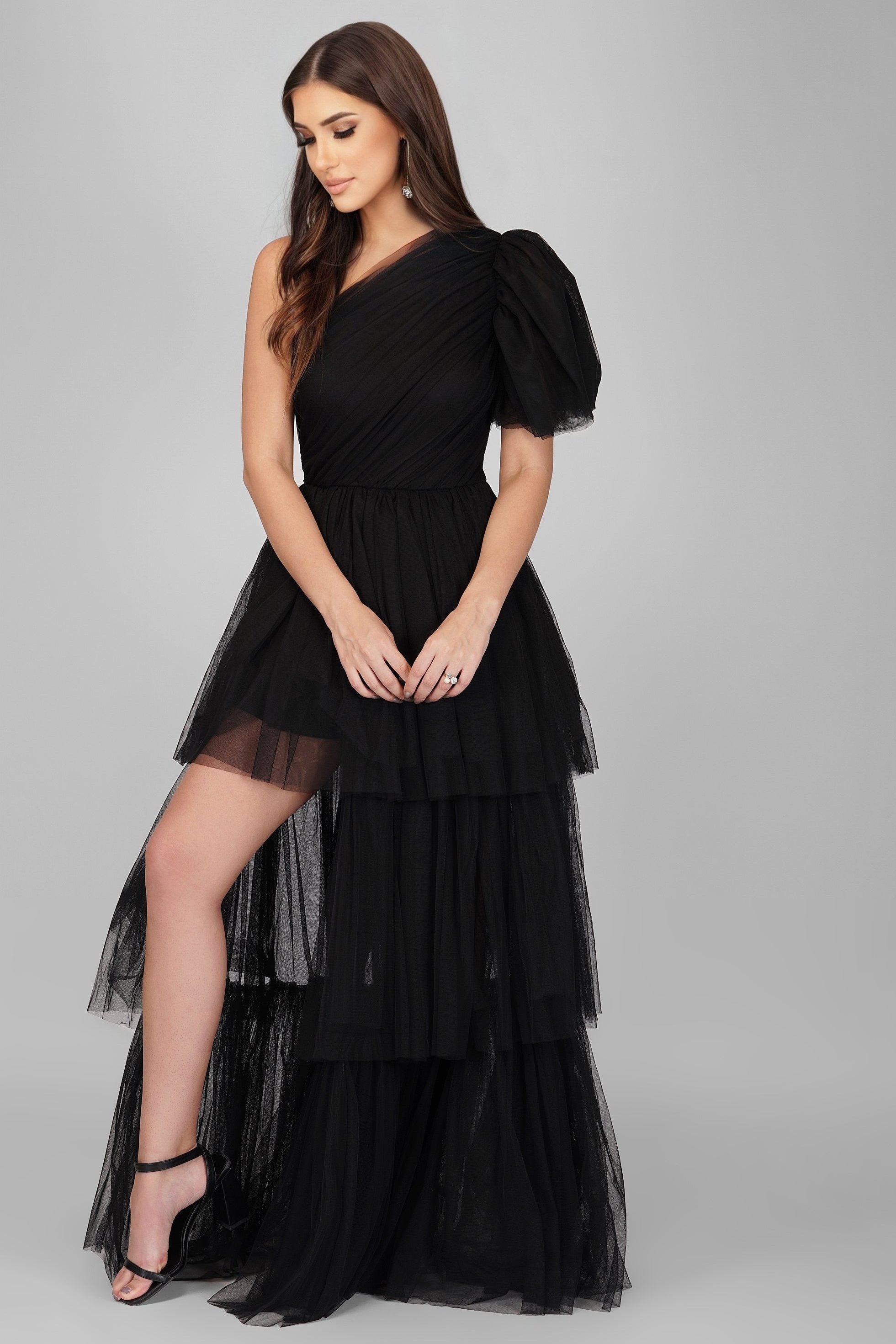 Elegant Black One Shoulder Tulle Gown by Rowena - Perfect for Prom, Evening Gala & Special Occasions