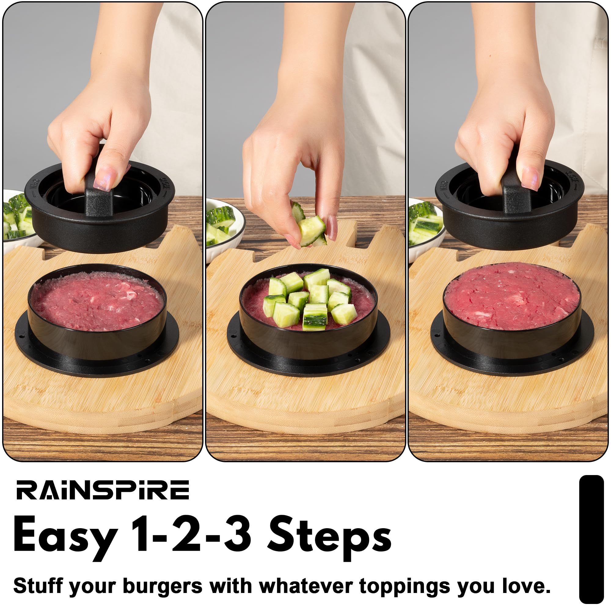 **Rainspire 3-in-1 Non-Stick Hamburger Patty Maker Press – Perfect for Stuffed Burgers, Sliders, Beef Patties – Ideal for BBQ, Grilling & Home Cooking (Black)**