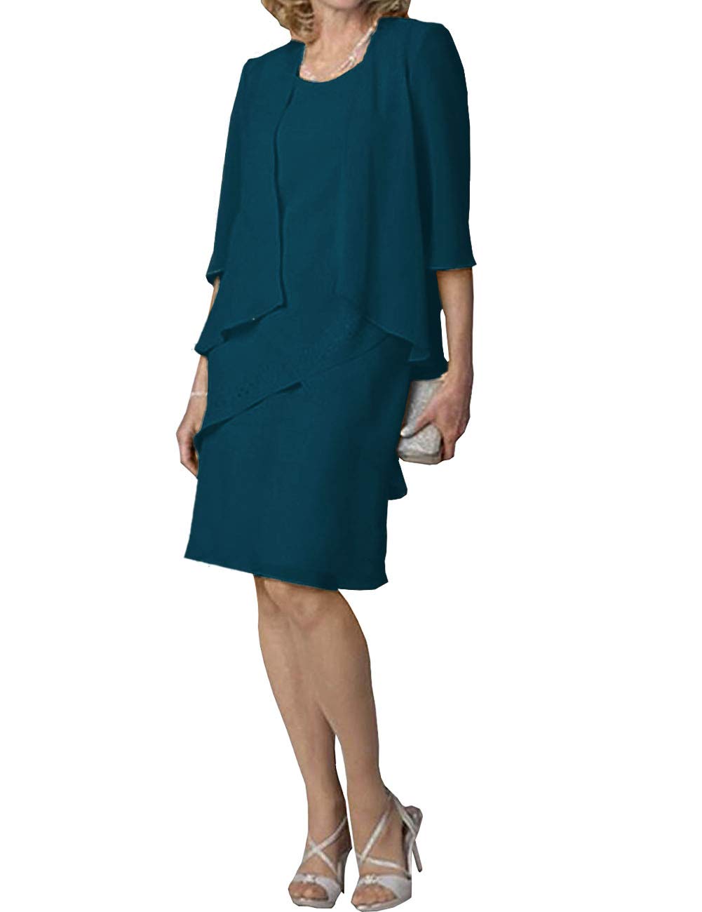 Elegant Mother of The Bride Dresses - Short Formal Evening Gown with 3/4 Sleeve Chiffon Jacket & Tiered Skirt | Perfect for Weddings, Cocktail Parties & Special Occasions