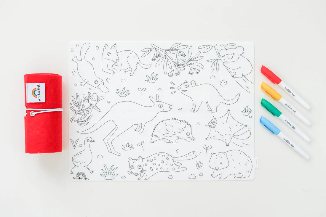 Reusable Scribble Mat Set with Baby Australian Animals - Washable Kids Drawing Mat for Toddlers & Preschoolers - Perfect for Travel, Home & Classroom Playtime