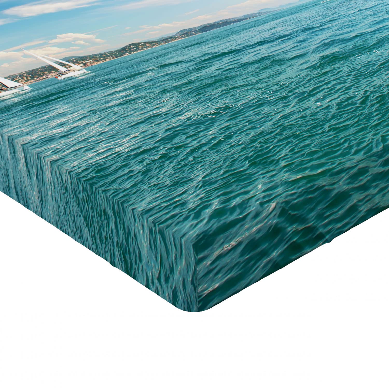 Ambesonne Lighthouse Fitted Sheet - Full Size Coastal Seascape Bedding with Deep Pocket, Sailboat & Island Design - Perfect for Beach House, Guest Room & Nautical Themed Decor