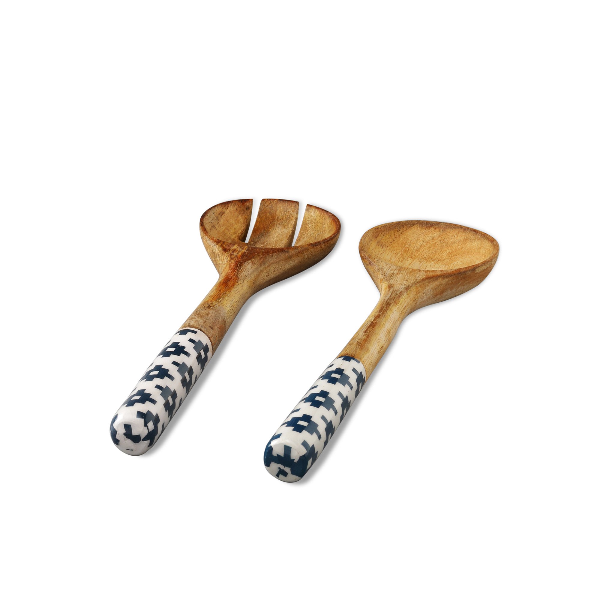 Folkulture 12-inch Mango Wood Salad Bowl Set with Serving Tongs - Large Wooden Mixing Bowl for Fruits, Cereal, Pasta - Natural Blue Handcrafted Kitchenware for Entertaining, Dining & Food Presentation