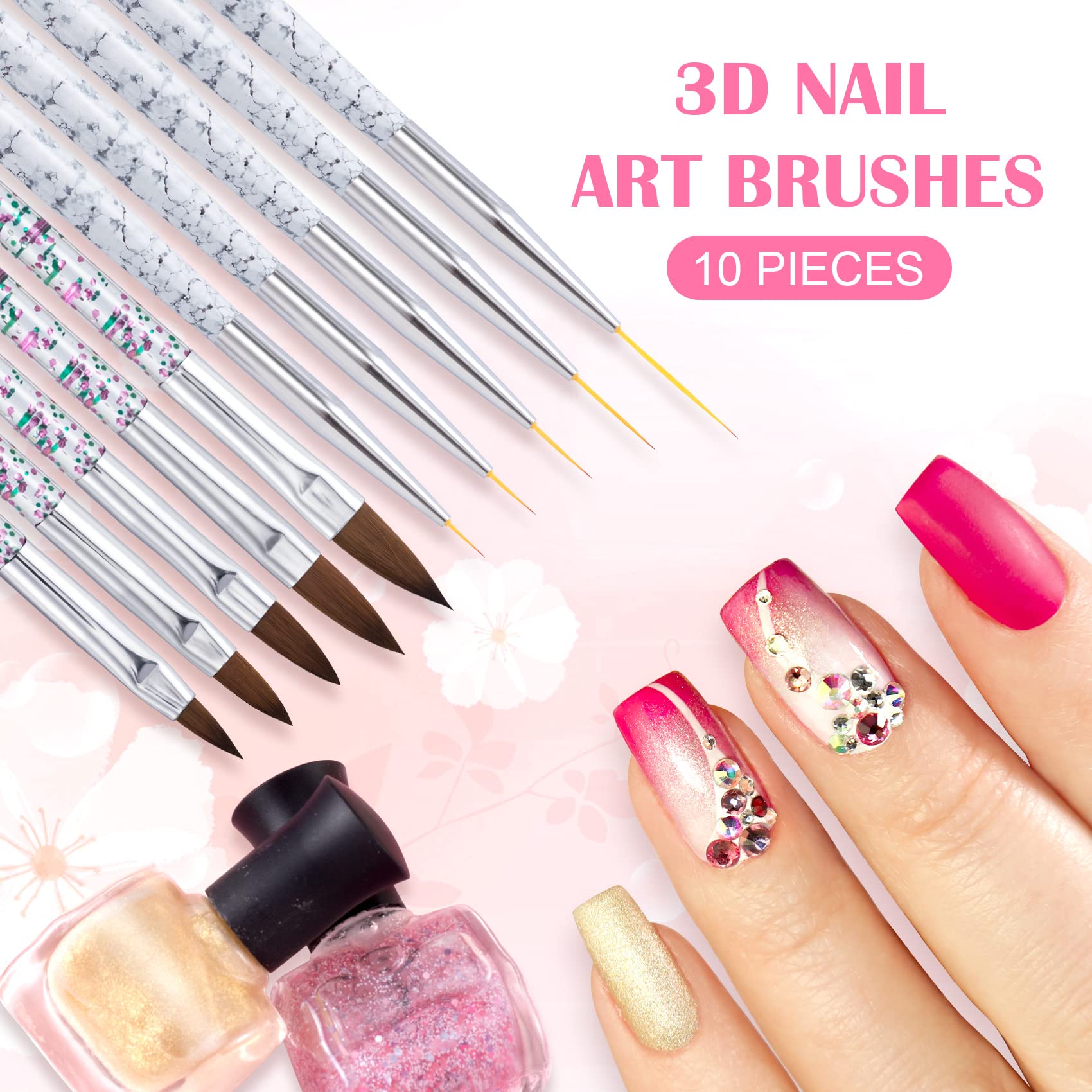 OIIKI 10pcs 3D Nail Art Brush Set - Professional Acrylic Nail Painting & Liner Brushes with Dotting Pens for DIY Nail Design at Home or Salon | Perfect for Gel Polish, French Tips & Nail Art Creations