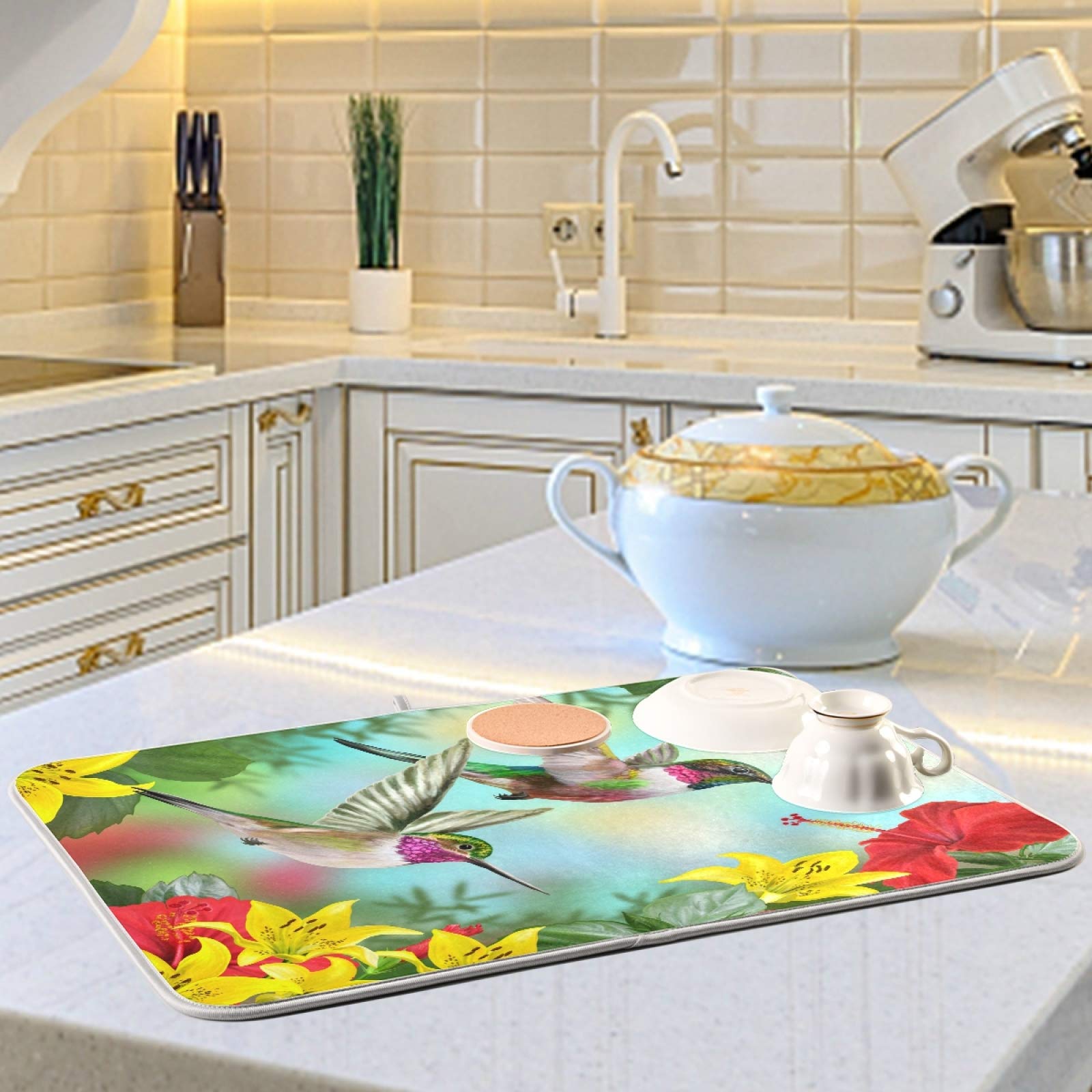 Hummingbird Print Polyester Dish Drying Mat - 24x18 Inch Absorbent Kitchen Counter Mat with Hanging Loop | Waterproof & Quick-Dry for Dishes, Utensils & Cookware | Perfect for Kitchen Sink, Countertop & Drying Rack