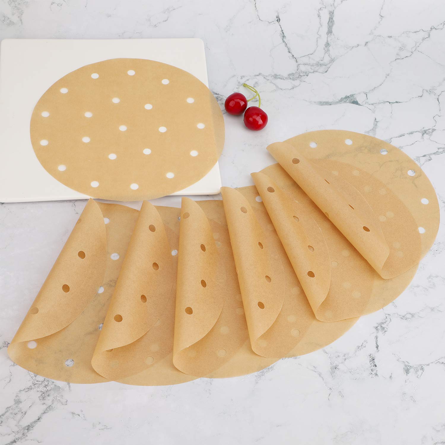 Beasea 8 Inch Unbleached Air Fryer Parchment Paper - 200pcs Round Perforated Disposable Liners for Air Fryer, Steaming Basket & Bamboo Steamer - Perfect for Healthy Cooking, Baking and Meal Prep