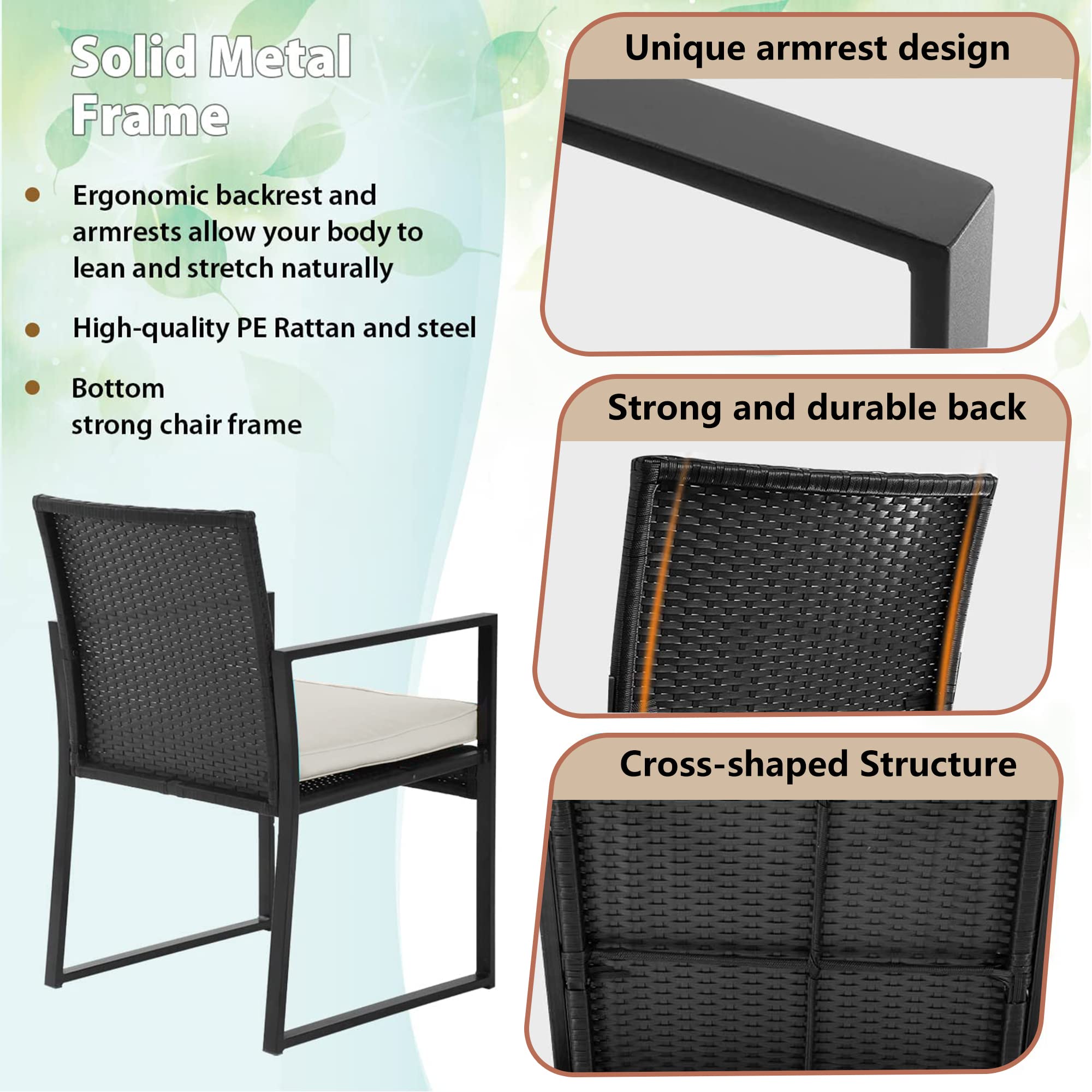 FDW 3-Piece Outdoor Wicker Patio Furniture Set - Rattan Bistro Chairs & Coffee Table Conversation Set for Backyard, Porch, Poolside, Lawn & Garden - Perfect for Relaxing, Entertaining & Outdoor Dining