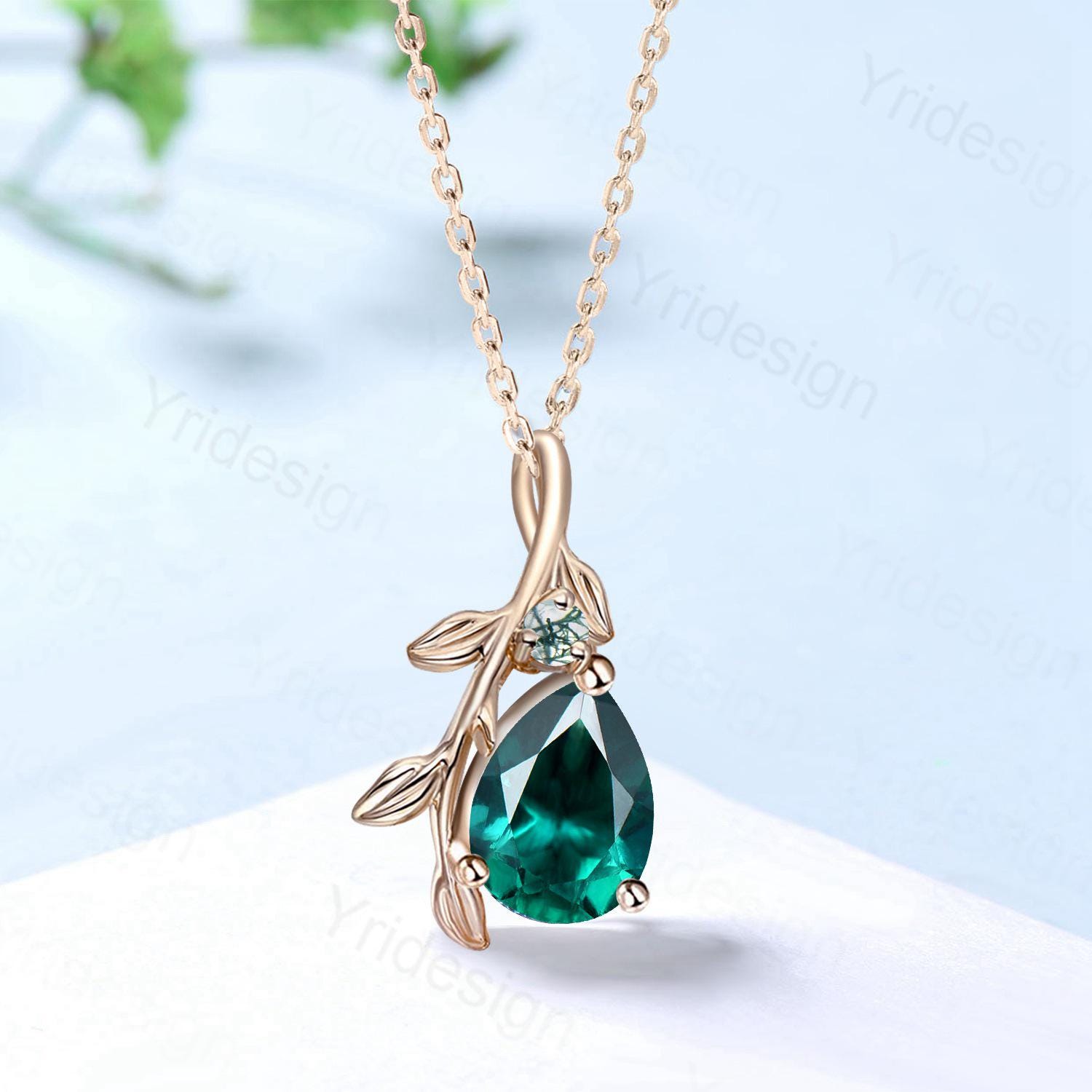 Natural Inspired Emerald Necklace - Elegant Twisted Leaf Vine Branch Pendant with Lab Emerald, May Birthstone Gift for Mom, Anniversary, Women - Perfect for Weddings, Parties & Special Occasions