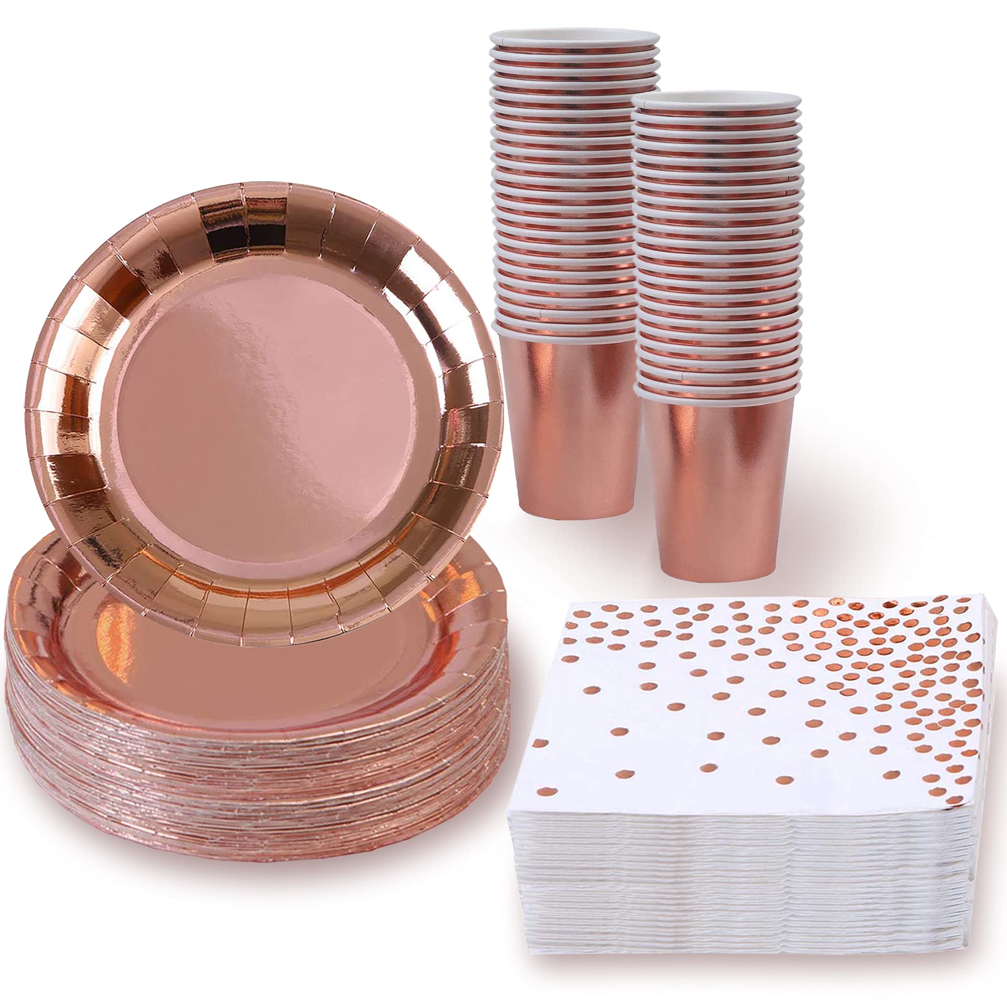 Rose Gold Party Supplies Set - 50 Pieces (Plates, Cups, Napkins) for Birthday, Bridal Shower & Anniversary Celebrations