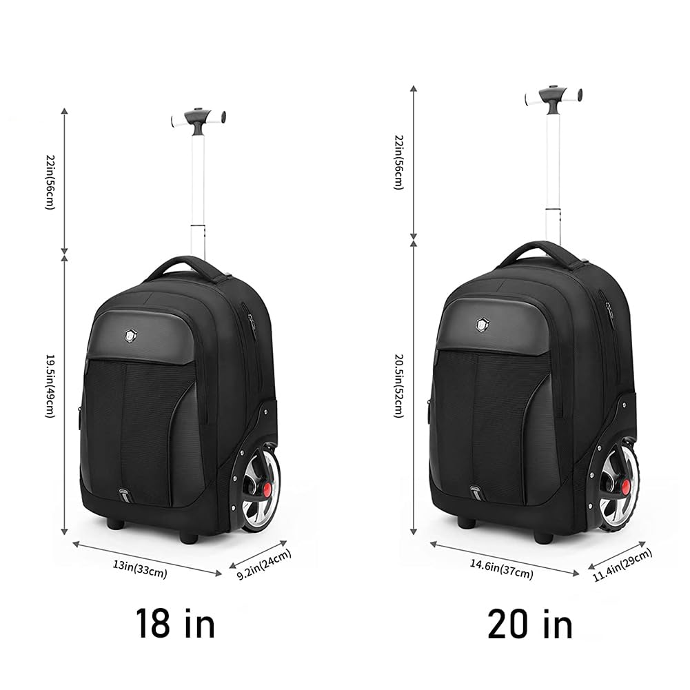Waterproof Rolling Backpack with Wheels - 20 Inch Carry On Laptop Backpack for Business Travel & Commuting - Durable Black Backpack for Men & Women - Perfect for Airplane, Office & School Use