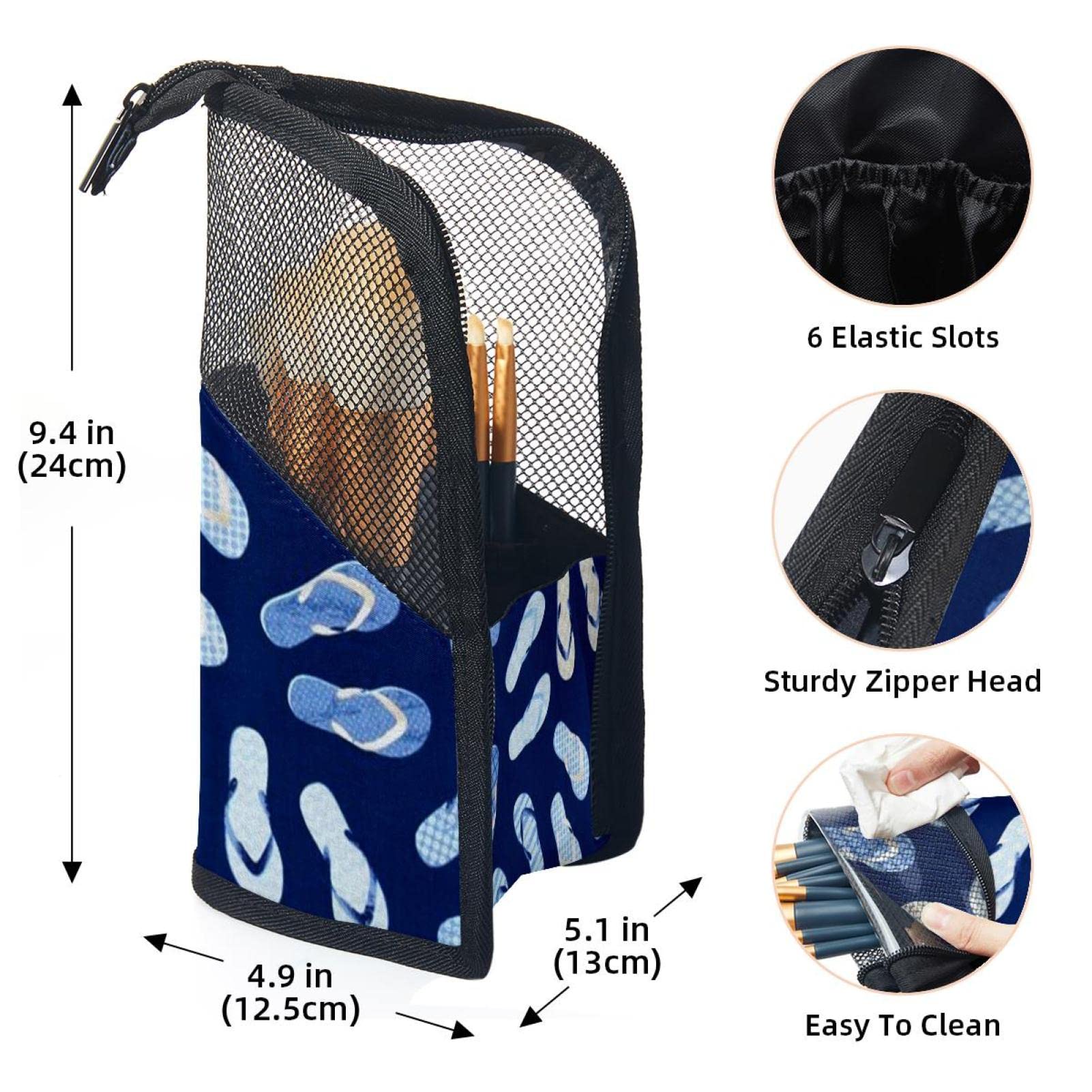 12-Piece Makeup Brush Organizer Bag with Portable Holder Case - Blue Background Slippers Design for Travel & Home Storage | Perfect Cosmetic Brush Set for Makeup Artists & Beauty Enthusiasts