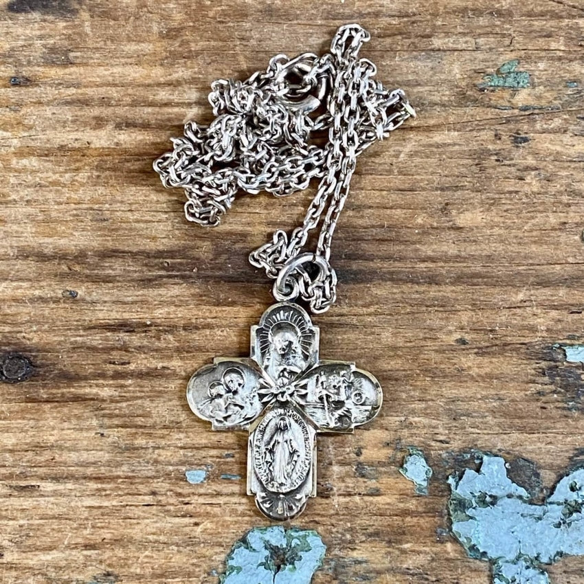 Vintage Sterling Silver Catholic 4-Way Cross Necklace for Women - Religious Jewelry Gift for Baptism, First Communion & Everyday Faith Wear
