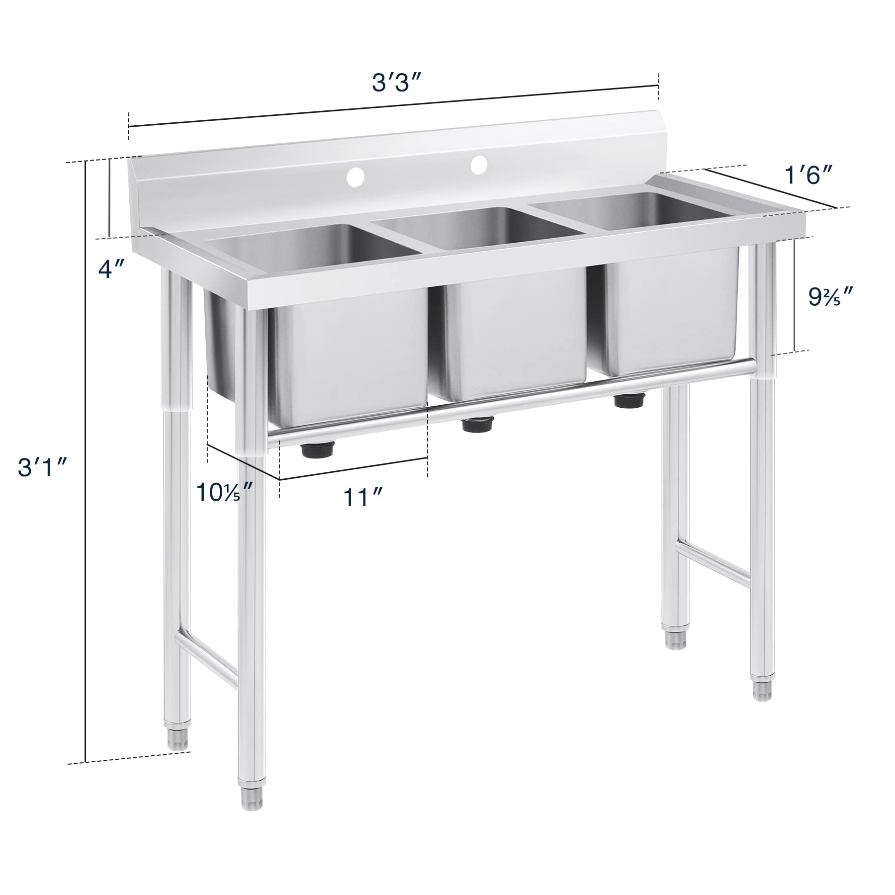Commercial Stainless Steel 3-Compartment Sink with Strainer - 39