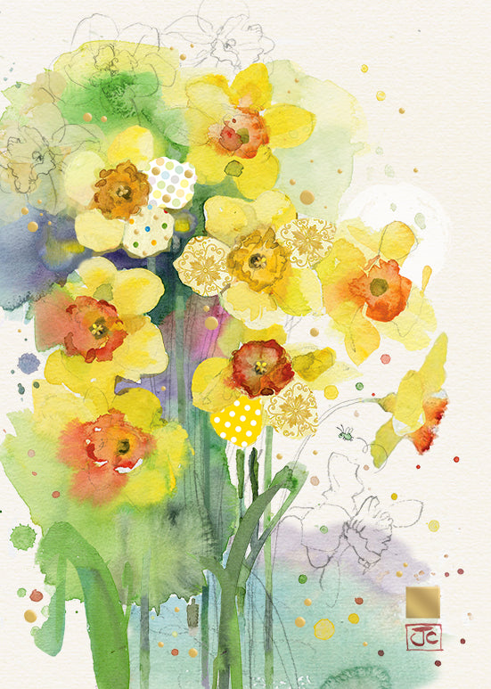 Bug Art Greeting Card with Daffodils - Handmade Nature-Inspired Birthday, Thank You & Sympathy Cards for Garden Lovers