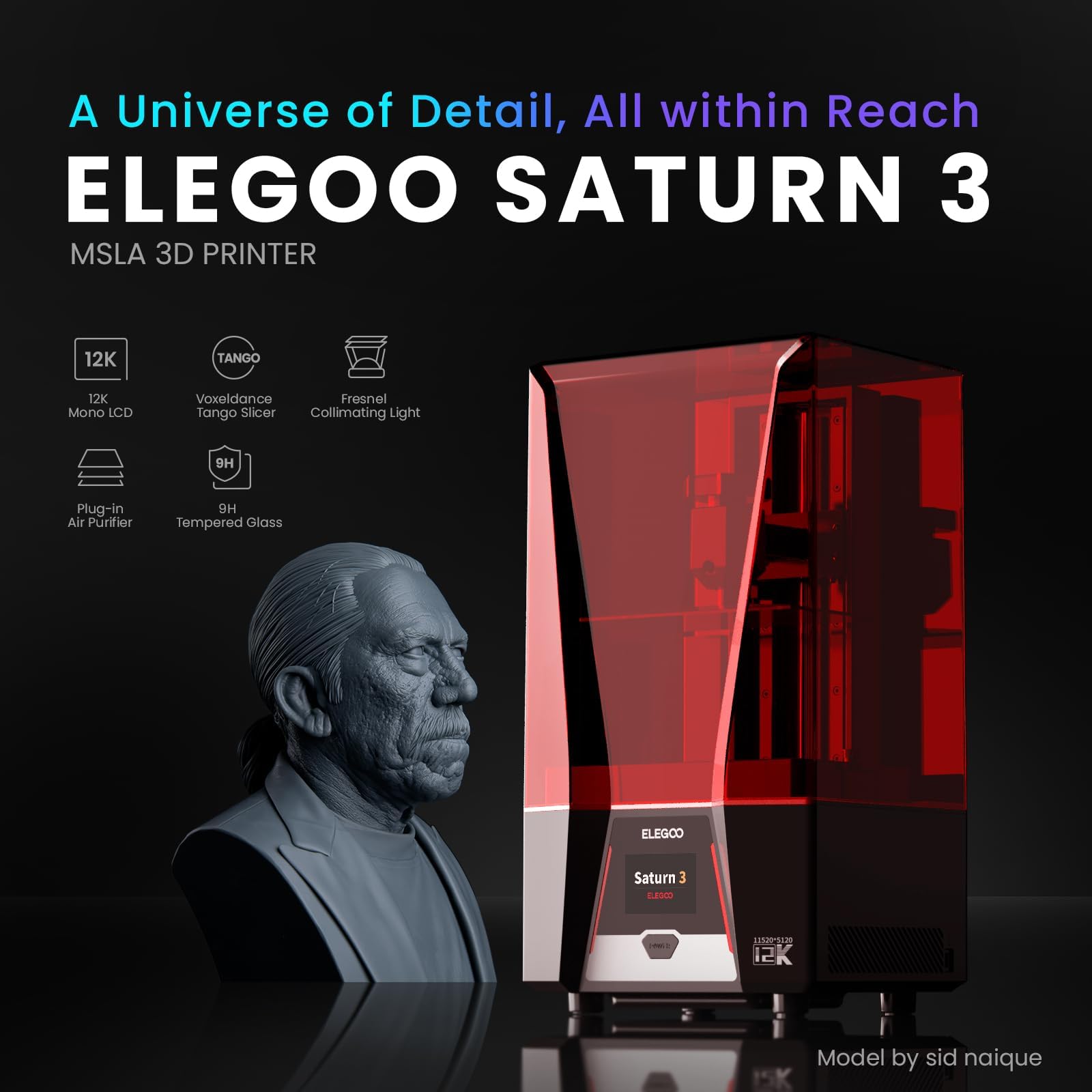 ELEGOO Saturn 3 MSLA 12K High Resolution 3D Printer - 10-Inch Monochrome LCD, Voxeldance Tango Slicer, Large Build Volume 8.62x4.84x9.84in - Perfect for Miniatures, Jewelry & Dental Models