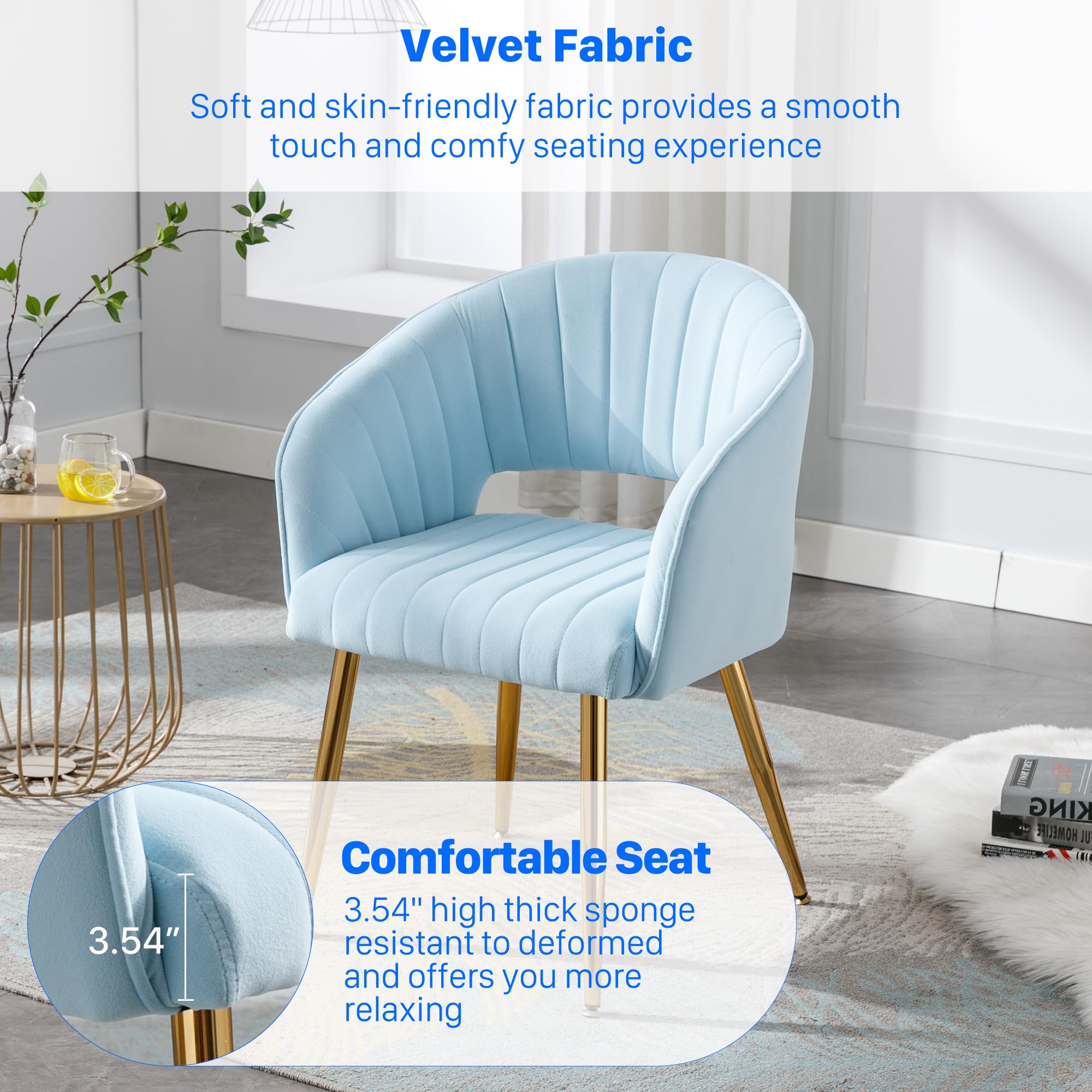 KCC Modern Velvet Desk Chair - Tufted Upholstered Accent Armchair with Gold Metal Legs for Dining Room, Living Room, Office & Restaurant | Baby Blue Velvet Side Chair for Home Decor, Vanity Dressing Table & Workspace