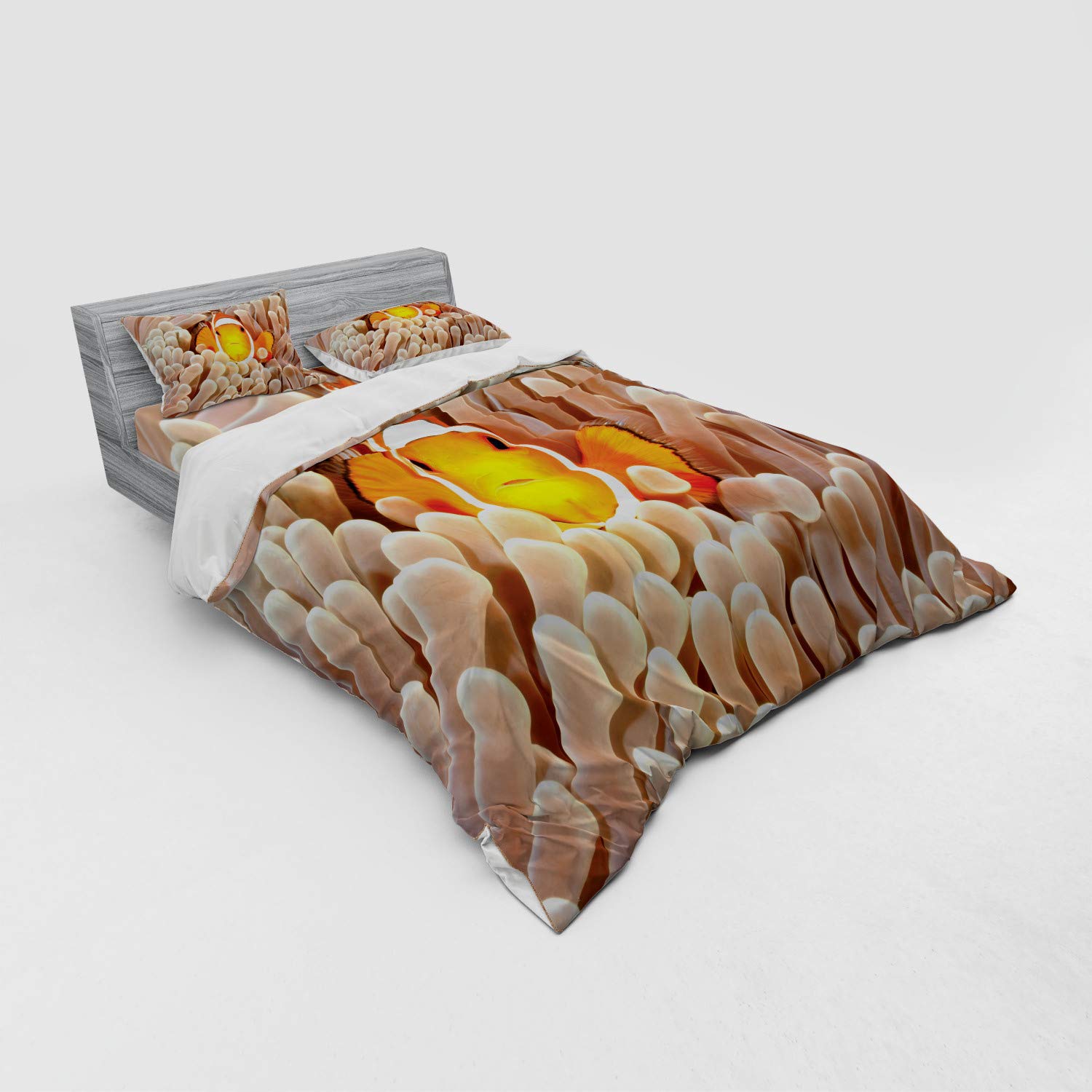 Ambesonne Ocean Duvet Cover Set - Queen Size 4-Piece Bedding with Clown Fish & Coral Reef Design, Beige Orange - Perfect for Beach House Decor & Marine Life Themed Bedrooms