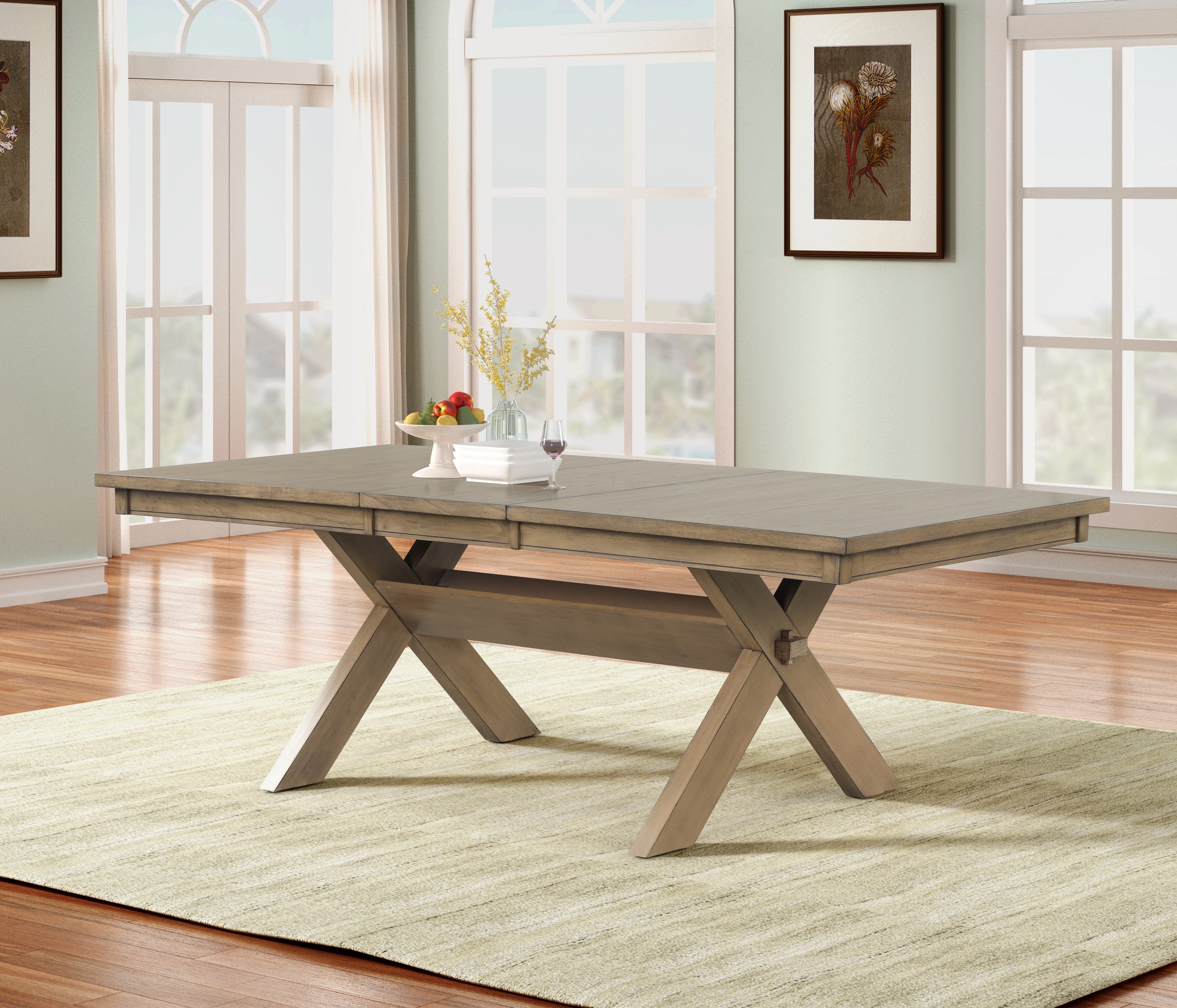 Raven Wood Trestle Extendable Dining Table with Leaf - Glazed Pine Brown Finish - Farmhouse Style Expandable Table for Dining Room, Kitchen, and Entertaining