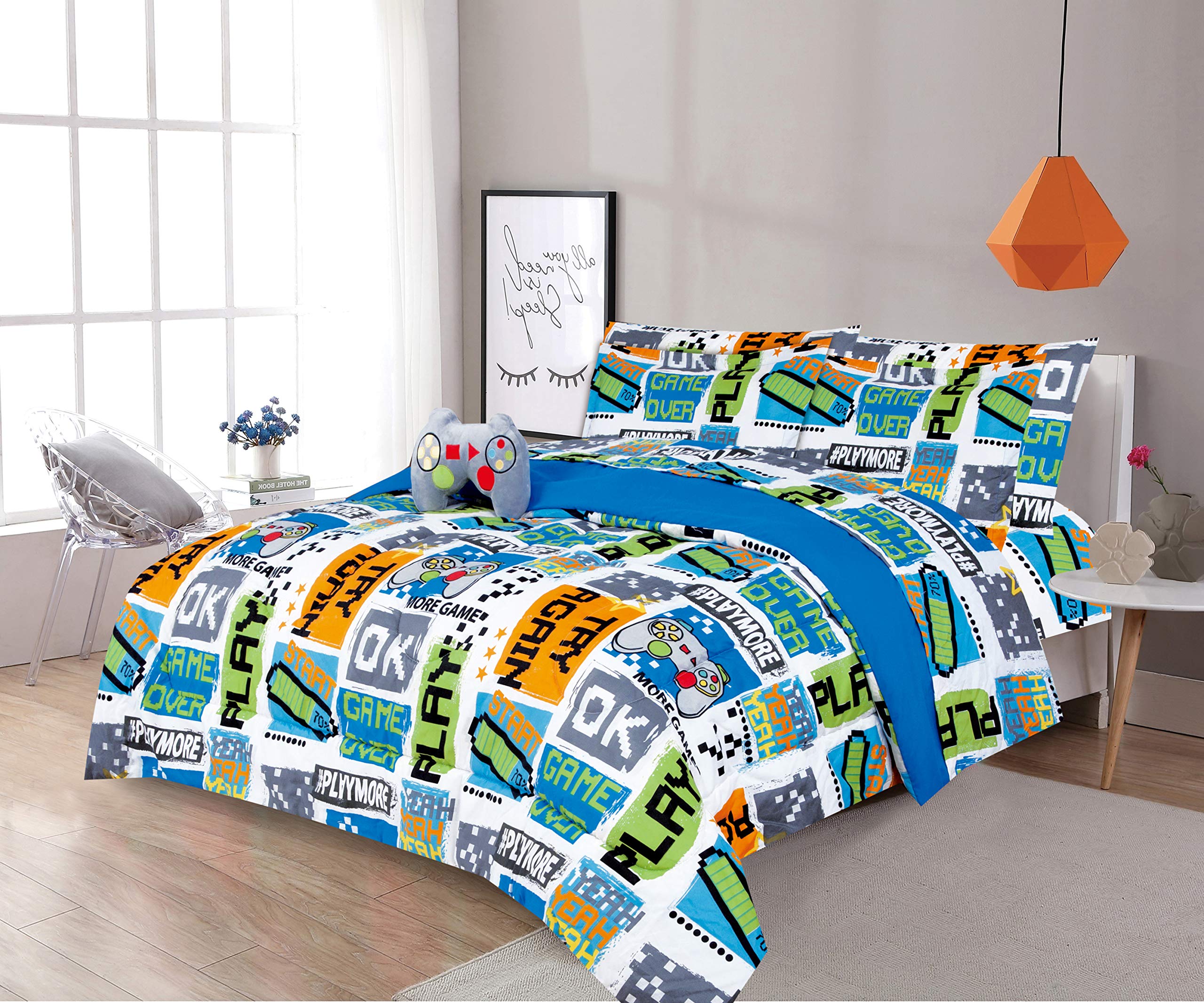 4 Piece Gamer Full Kids Comforter Set - Video Game Themed Bedding for Boys & Girls - Includes Comforter, Pillow Sham & Decorative Toy Pillow - Toddler Bed Kit - Perfect for Gaming Rooms, Sleepovers & Kids Bedrooms (Full Size)