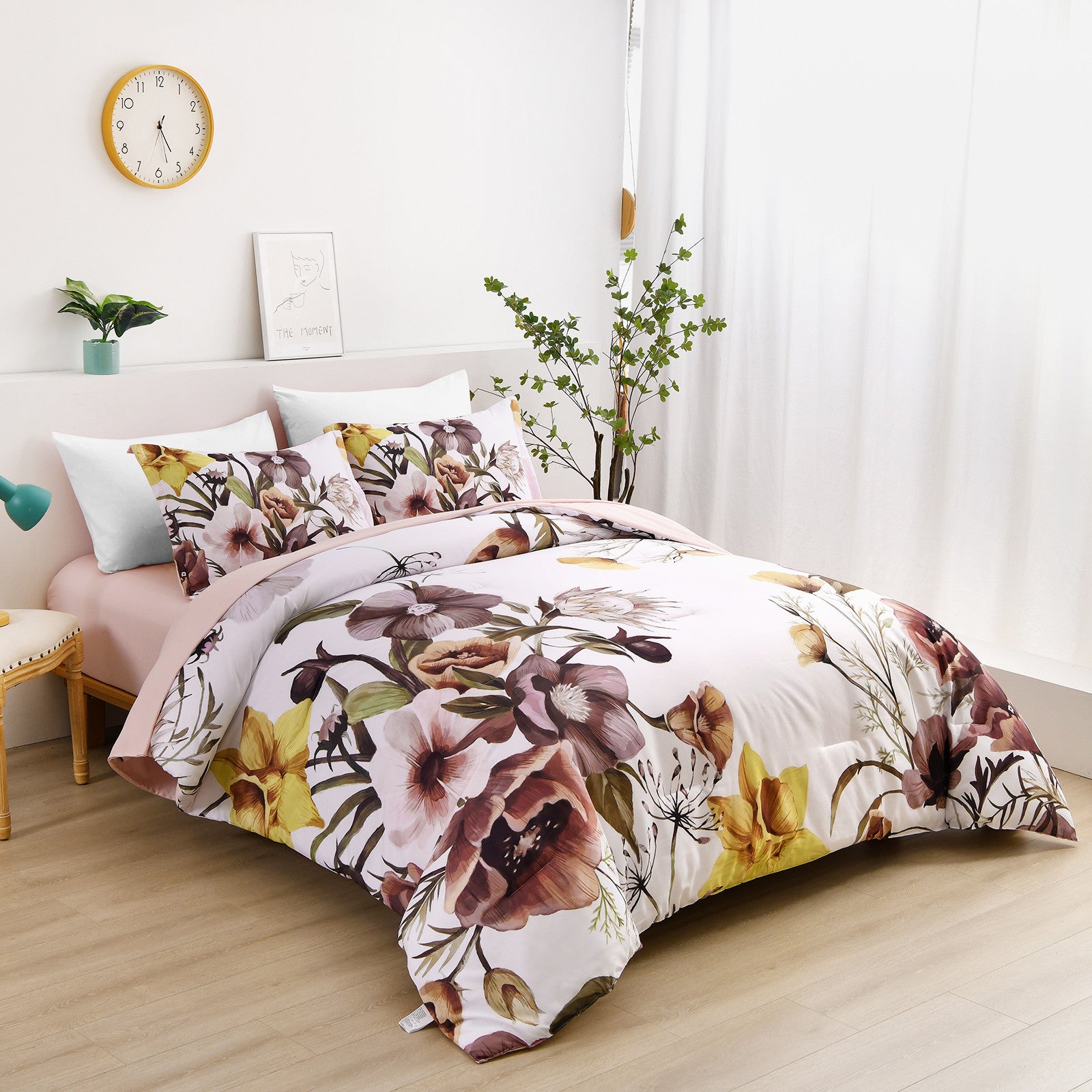 Blush Floral King Size Comforter Set - 3 Piece Soft Microfiber Bedding for All Seasons | Cozy Bedroom Decor, Guest Room Essentials & Luxury Home Textiles