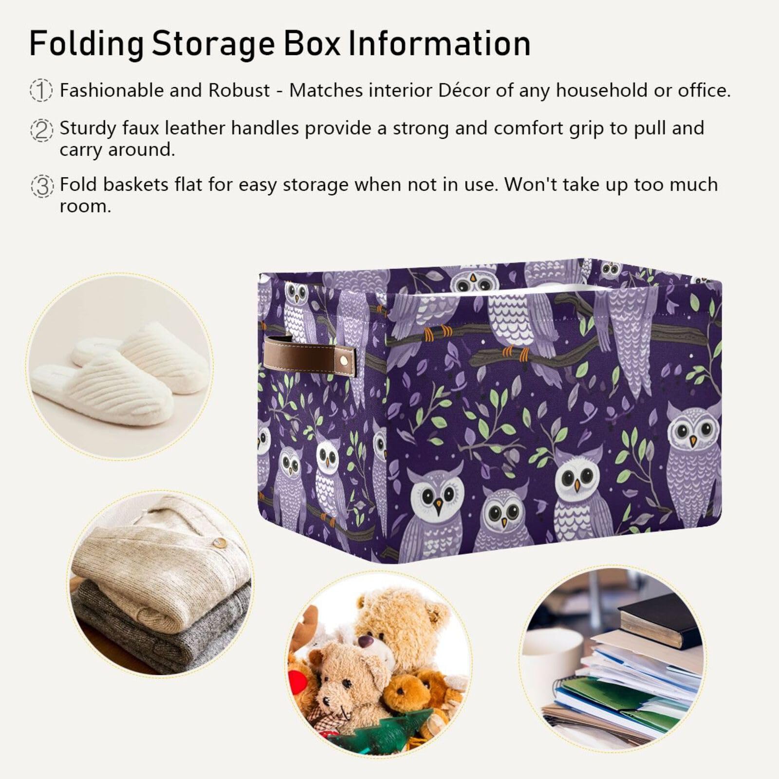 Foldable Canvas Storage Baskets with Handles - 2 Pack Rectangle Fabric Organizer Box for Home, Office & Closet - Perfect for Clothes, Toys & Home Decor Organization | Space-Saving Owl Design