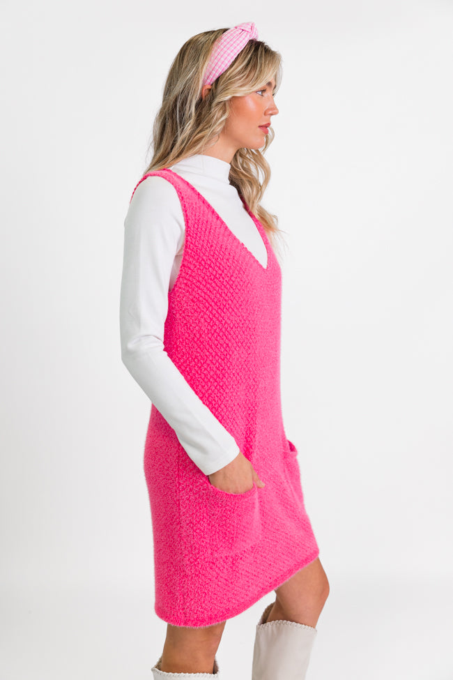 Hot Pink Pocket Front Tank Sweater Dress for Women - Cozy Knit Pullover Tunic with Pockets - Perfect for Casual Outings, Date Nights & Fall Layering