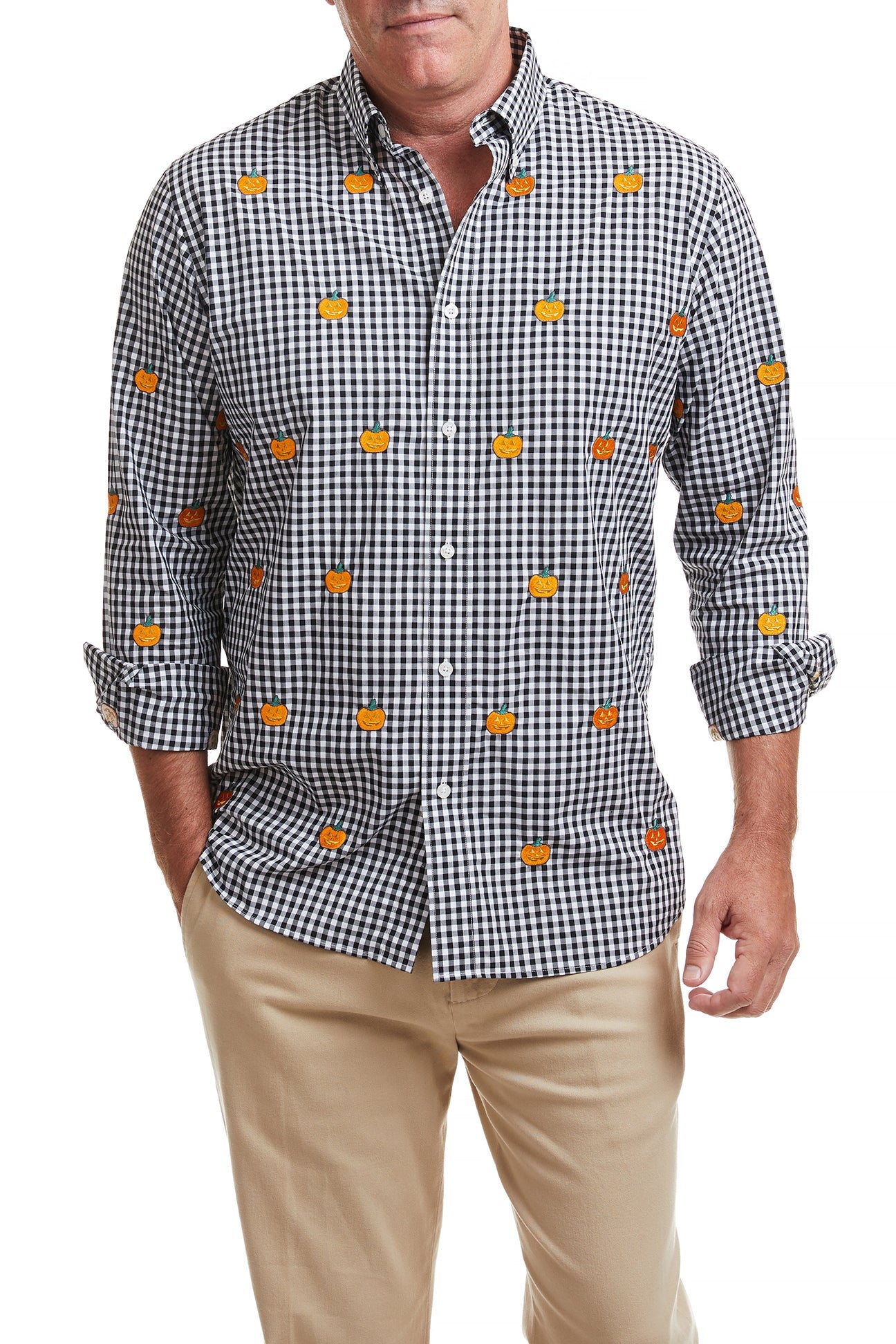 Straight Wharf Men's Shirt - Black Wide Gingham Pattern with Jack O'Lantern Print - Casual Button Down Shirt for Fall, Halloween Parties & Outdoor Activities