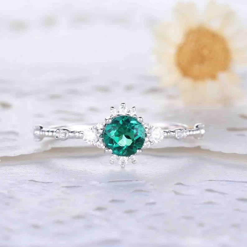 5mm Dainty Round Cut Emerald Engagement Ring Diamond Wedding Band in 14K Rose Gold - Perfect for Proposals, Anniversaries & Bridal Jewelry Sets