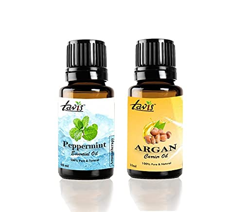 Pure Tavis Peppermint Oil & Organic Argan Oil Set - 100% Natural Essential Oils for Hair Care, Skin Moisturizing & Aromatherapy - Perfect for DIY Beauty Recipes, Massage & Relaxation