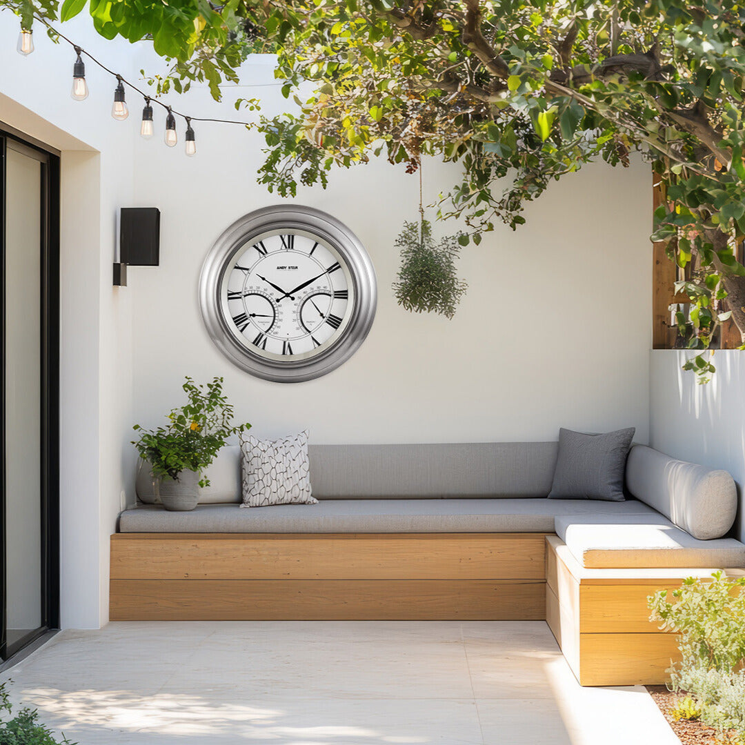 24 Inch Large Outdoor Wall Clock with Thermometer - Waterproof, Illuminated, Contemporary Design - Perfect for Patio, Garden, Backyard, and Deck Decor