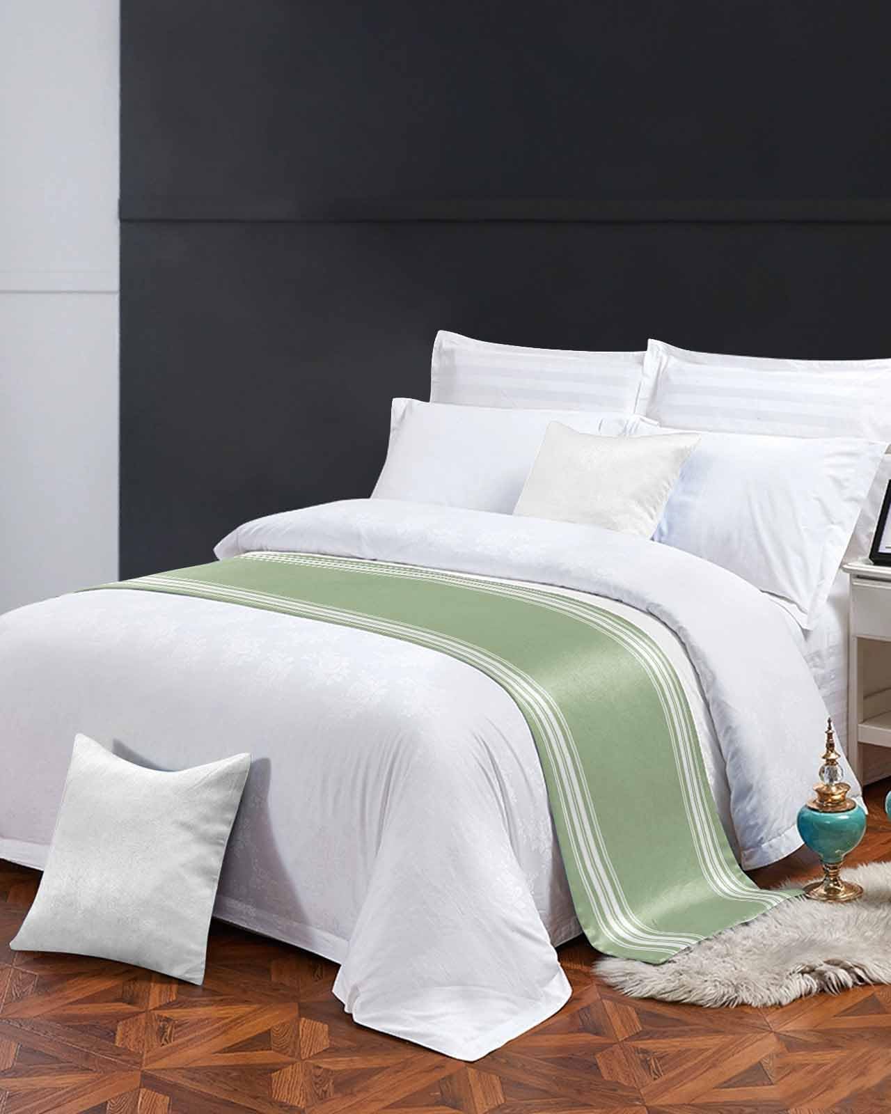 Sage Green Bed Runner for Full/Queen Size Bed - Farmhouse Striped Bedspread Protector, Slipcover Bed Scarf - 83x20 Inches - Perfect for Bedroom, Hotel, Wedding Room Decor & Foot of Bed Styling