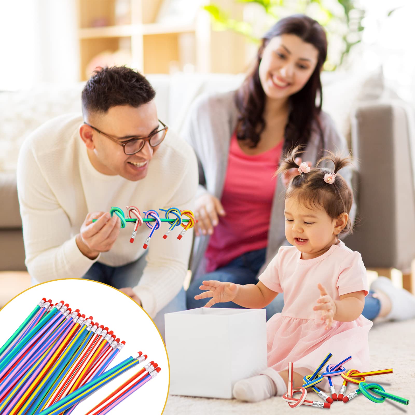 40 Pack 7 Inch Flexible Bendable Pencils - Soft Novelty Pencils with Erasers, Multi-Colored Striped Pencils for Kids, Students & Artists - Perfect for School, Office, Art Projects & Creative Gifts