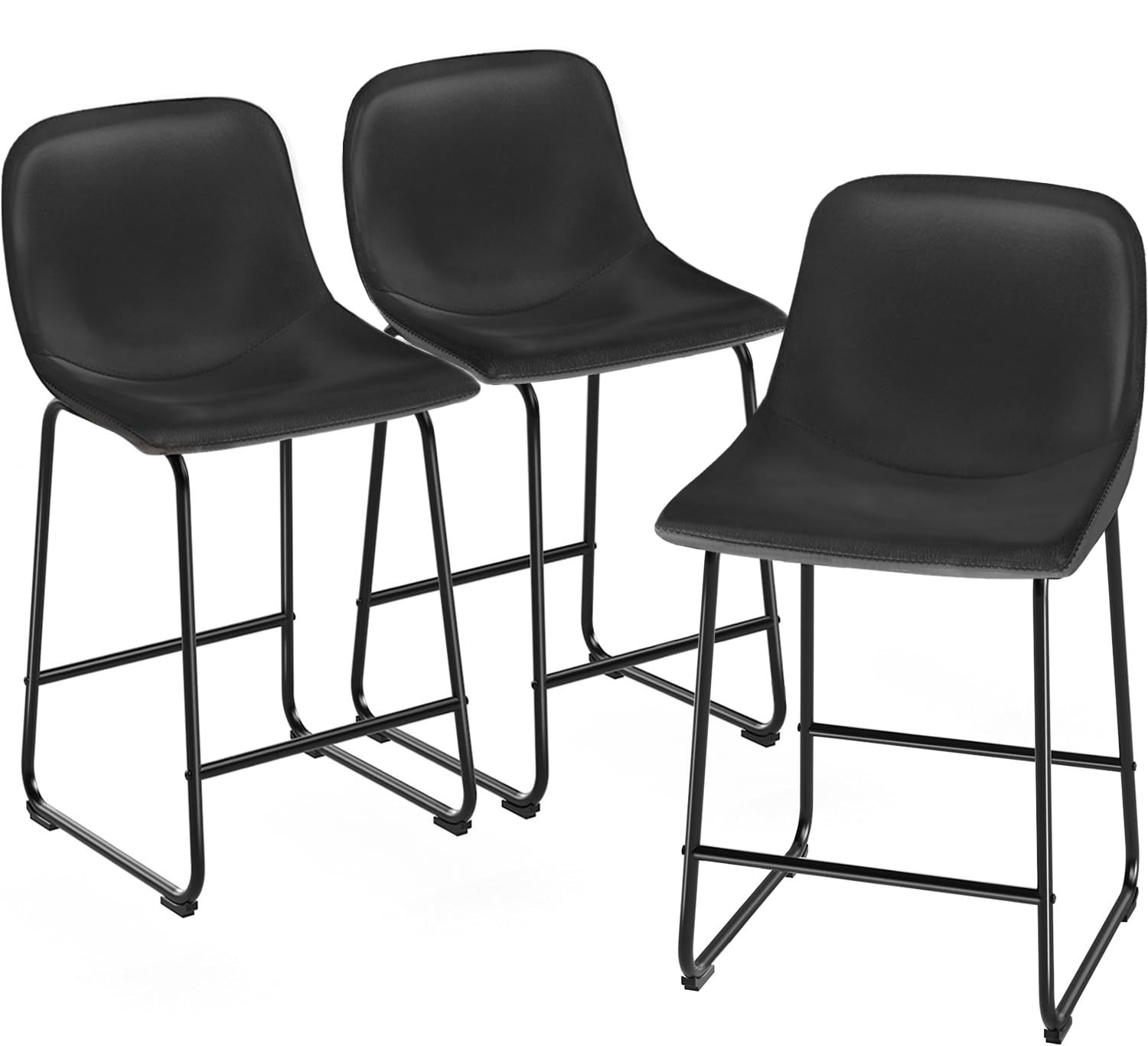 Modern Black Counter Height Bar Stools Set of 3 - Armless Kitchen Island Chairs with Back Support & Sturdy Metal Legs - Perfect for Home Bars, Kitchen Islands, Coffee Shops and Restaurant Dining Areas