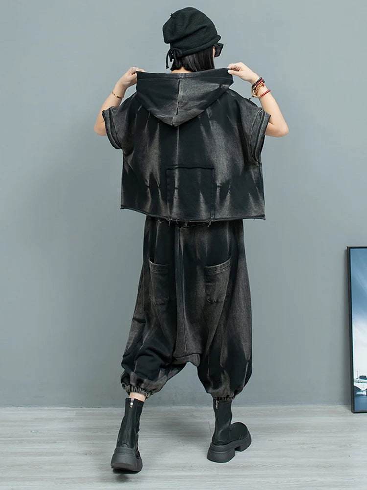 Big Size Women's Sweatshirt & Cross Pants Two-Piece Set - Hooded Short Sleeve Fashion Outfit for Spring/Autumn 2025 (Style 1DH9474) | Casual Streetwear, Lounge Wear & Trendy Outfit for Daily Wear