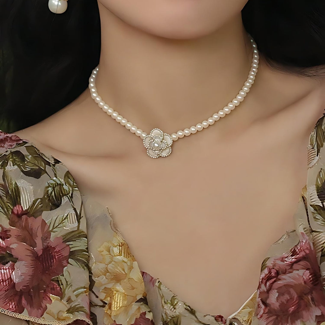 Pearl Bead Camellia Choker Necklace for Women - Elegant Floral Pearl Necklace Jewelry Gift (HN2357) | Perfect for Weddings, Parties, and Special Occasions