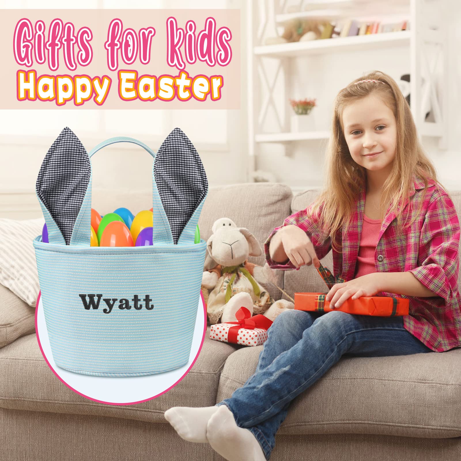 Personalized Easter Basket with Bunny Ears - Custom Name Easter Basket for Kids, Boys & Girls - Blue - Perfect for Easter Egg Hunts, Gift Giving & Spring Celebrations
