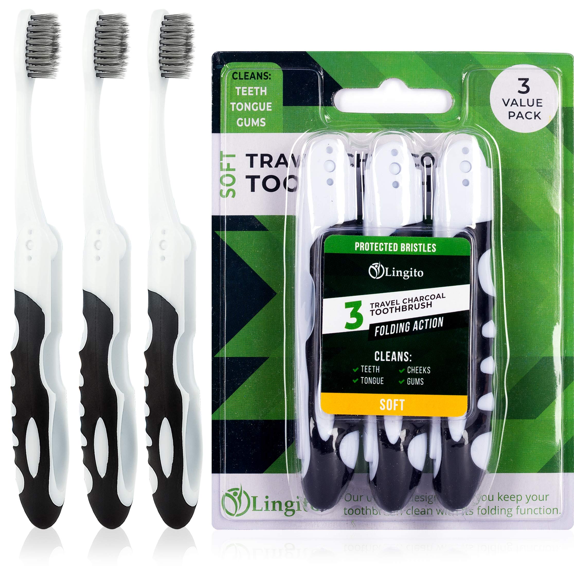 Lingito Folding Travel Toothbrush with Built-in Cover - Compact Collapsible Toothbrush Kit for Camping, Hiking & Travel (3 Pack Soft-Charcoal Bristles) - Perfect for Backpacking, Gym Bags & Emergency Kits