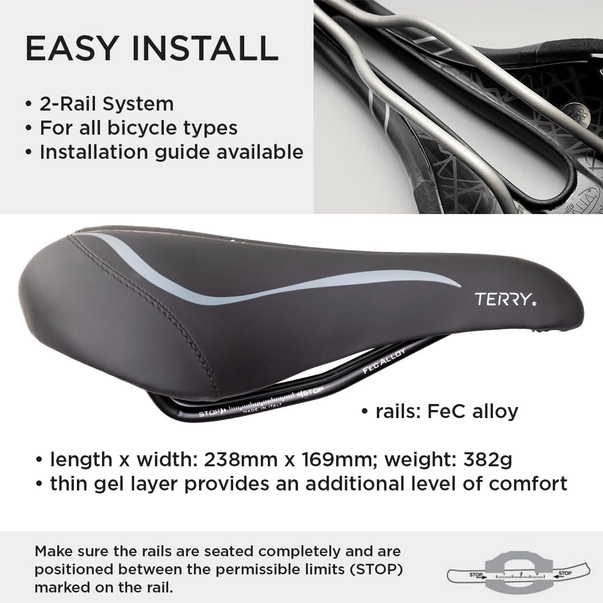 Terry Liberator X Gel Italia Women's Bike Saddle - Comfortable Cycling Seat with Thin Gel Layer & Dura-Tek Synthetic Cover - Perfect for Road Bikes, Mountain Bikes & Indoor Cycling