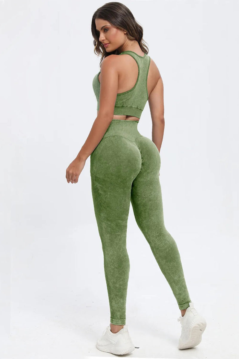 3 Piece Washed Square Neck Wide Strap Active Set for Women - Gym, Yoga & Lounge Wear - Comfortable Workout Outfit for Running & Pilates